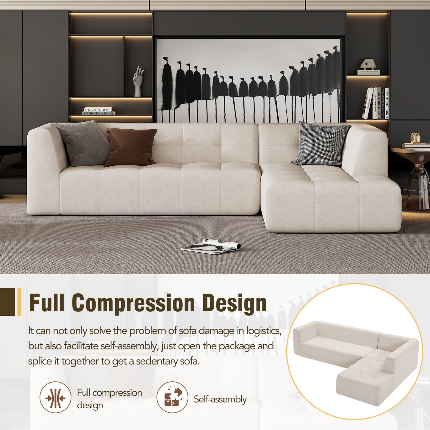 [product_type] | 110.2*72.8" Modular Modular Combination Living Room Sofa Set, Modern Minimalist Sofa, Living Room Upholstered Sofa Bed, Bedroom, 2pcs Computer Free Combination, L-Shaped,Beige | casafoyer.myshopify.com