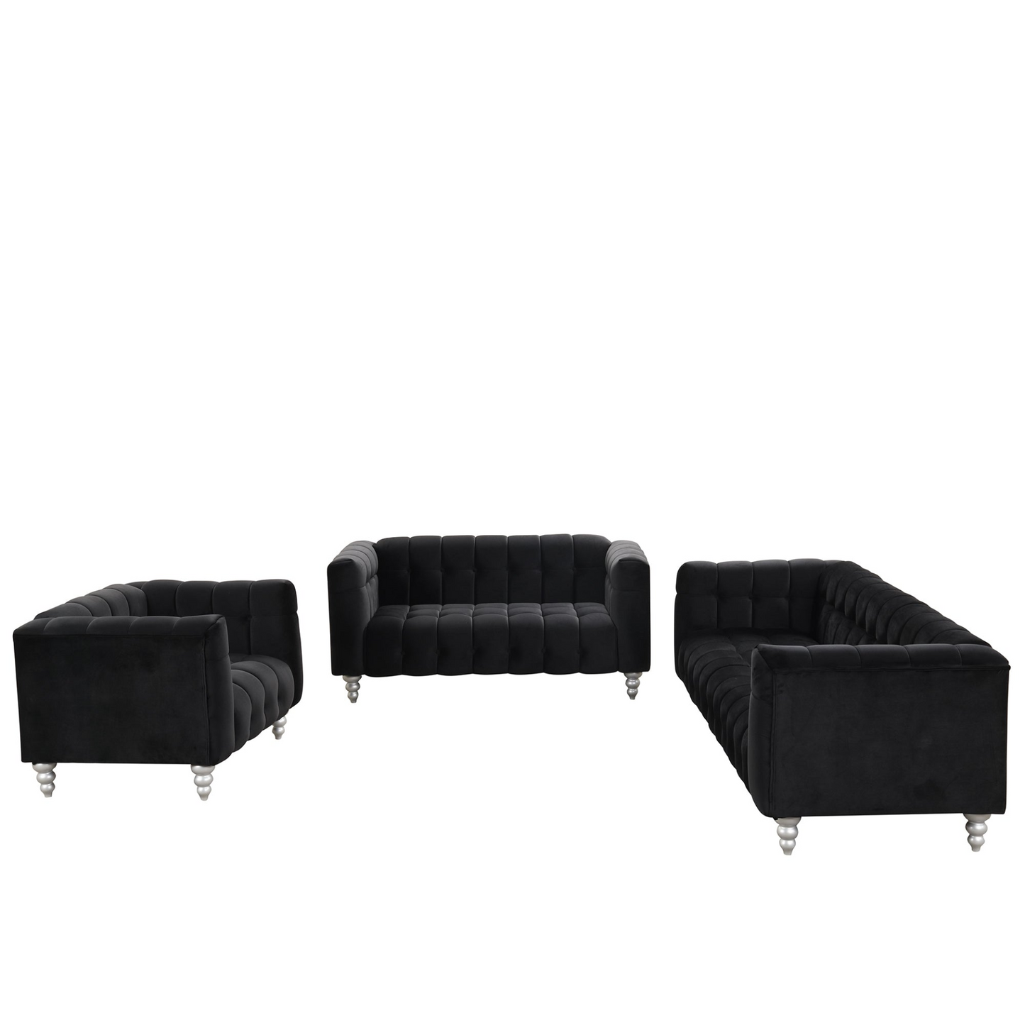 Sofa & Chair sets | Modern 3-piece sofa set with solid wood legs, buttoned tufted backrest, Dutch fleece upholstered sofa set including three-seater sofa, double seat and living room furniture set single chair, black | casafoyer.myshopify.com