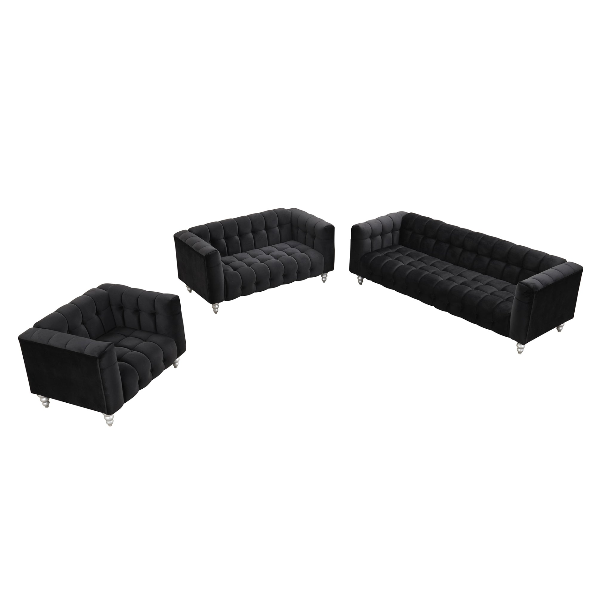 Sofa & Chair sets | Modern 3-piece sofa set with solid wood legs, buttoned tufted backrest, Dutch fleece upholstered sofa set including three-seater sofa, double seat and living room furniture set single chair, black | casafoyer.myshopify.com