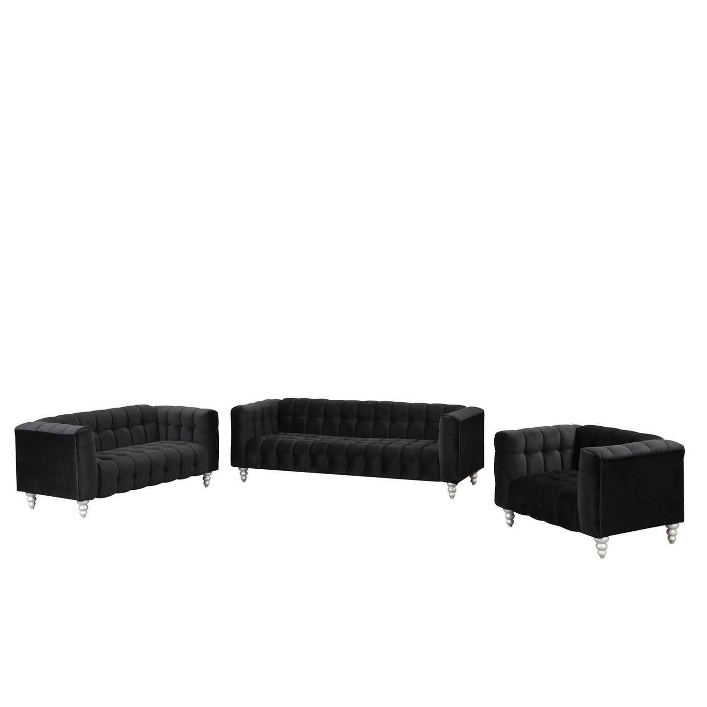 Sofa & Chair sets | Modern 3-piece sofa set with solid wood legs, buttoned tufted backrest, Dutch fleece upholstered sofa set including three-seater sofa, double seat and living room furniture set single chair, black | casafoyer.myshopify.com