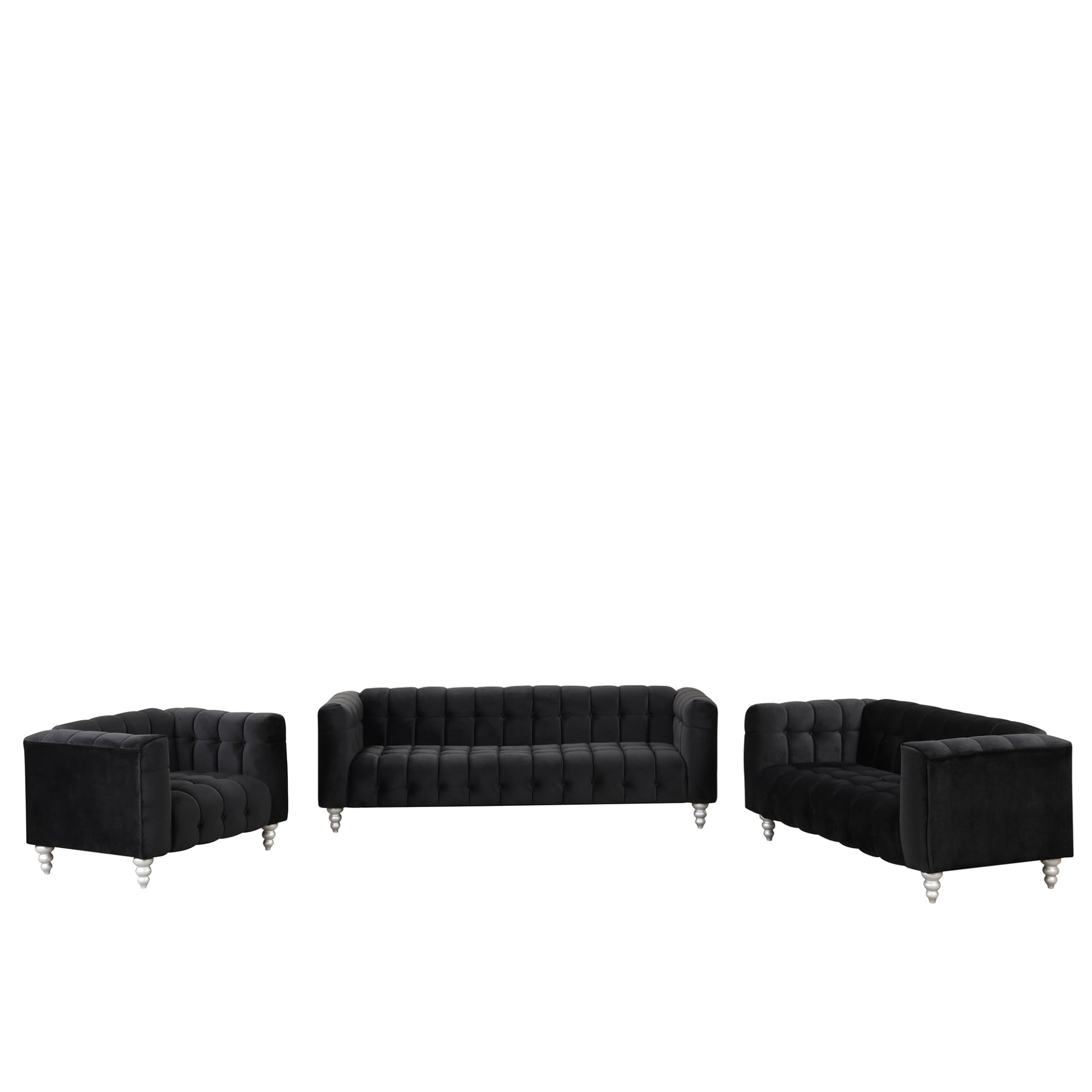 Sofa & Chair sets | Modern 3-piece sofa set with solid wood legs, buttoned tufted backrest, Dutch fleece upholstered sofa set including three-seater sofa, double seat and living room furniture set single chair, black | casafoyer.myshopify.com