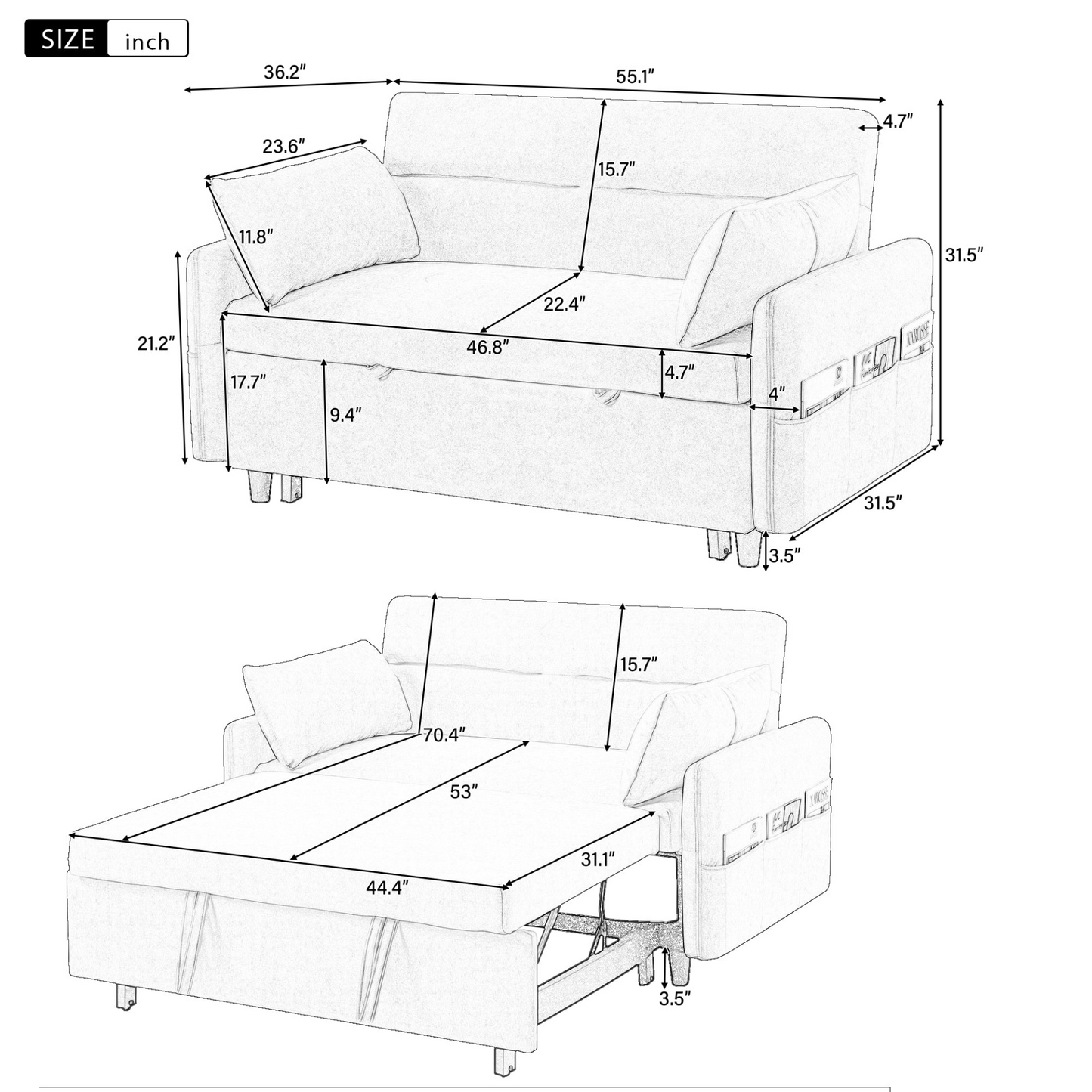 [product_type] | 55.1" Pull Out Sleep Sofa Bed Loveseats Sofa Couch with Adjsutable Backrest, Storage Pockets, 2 Soft Pillows, USB Ports for Living Room, Bedroom, Apartment, Office, Blue | casafoyer.myshopify.com