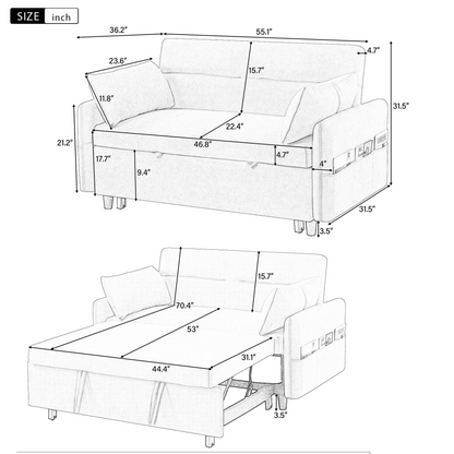 [product_type] | 55.1" Pull Out Sleep Sofa Bed Loveseats Sofa Couch with Adjsutable Backrest, Storage Pockets, 2 Soft Pillows, USB Ports for Living Room, Bedroom, Apartment, Office, Blue | casafoyer.myshopify.com