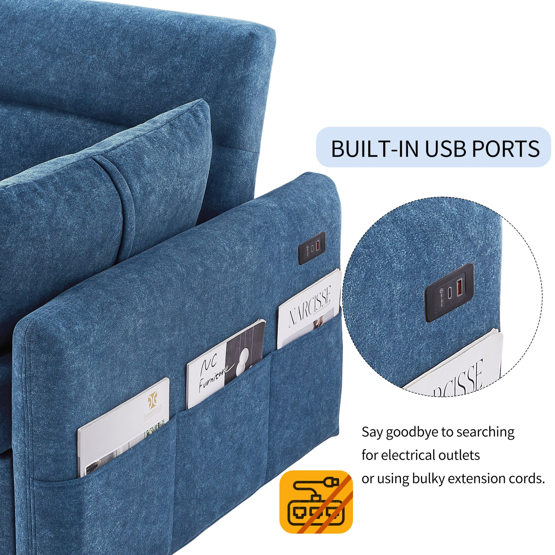 [product_type] | 55.1" Pull Out Sleep Sofa Bed Loveseats Sofa Couch with Adjsutable Backrest, Storage Pockets, 2 Soft Pillows, USB Ports for Living Room, Bedroom, Apartment, Office, Blue | casafoyer.myshopify.com