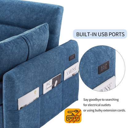 [product_type] | 55.1" Pull Out Sleep Sofa Bed Loveseats Sofa Couch with Adjsutable Backrest, Storage Pockets, 2 Soft Pillows, USB Ports for Living Room, Bedroom, Apartment, Office, Blue | casafoyer.myshopify.com