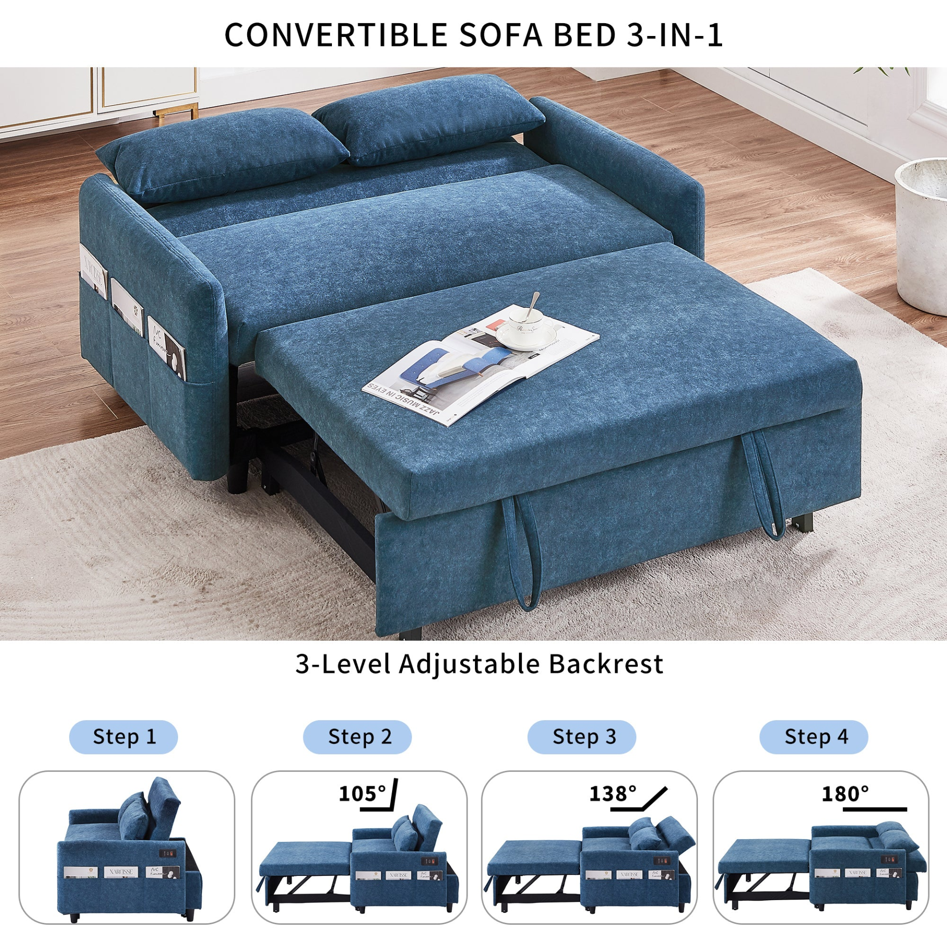 [product_type] | 55.1" Pull Out Sleep Sofa Bed Loveseats Sofa Couch with Adjsutable Backrest, Storage Pockets, 2 Soft Pillows, USB Ports for Living Room, Bedroom, Apartment, Office, Blue | casafoyer.myshopify.com