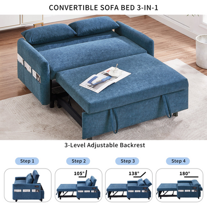 [product_type] | 55.1" Pull Out Sleep Sofa Bed Loveseats Sofa Couch with Adjsutable Backrest, Storage Pockets, 2 Soft Pillows, USB Ports for Living Room, Bedroom, Apartment, Office, Blue | casafoyer.myshopify.com