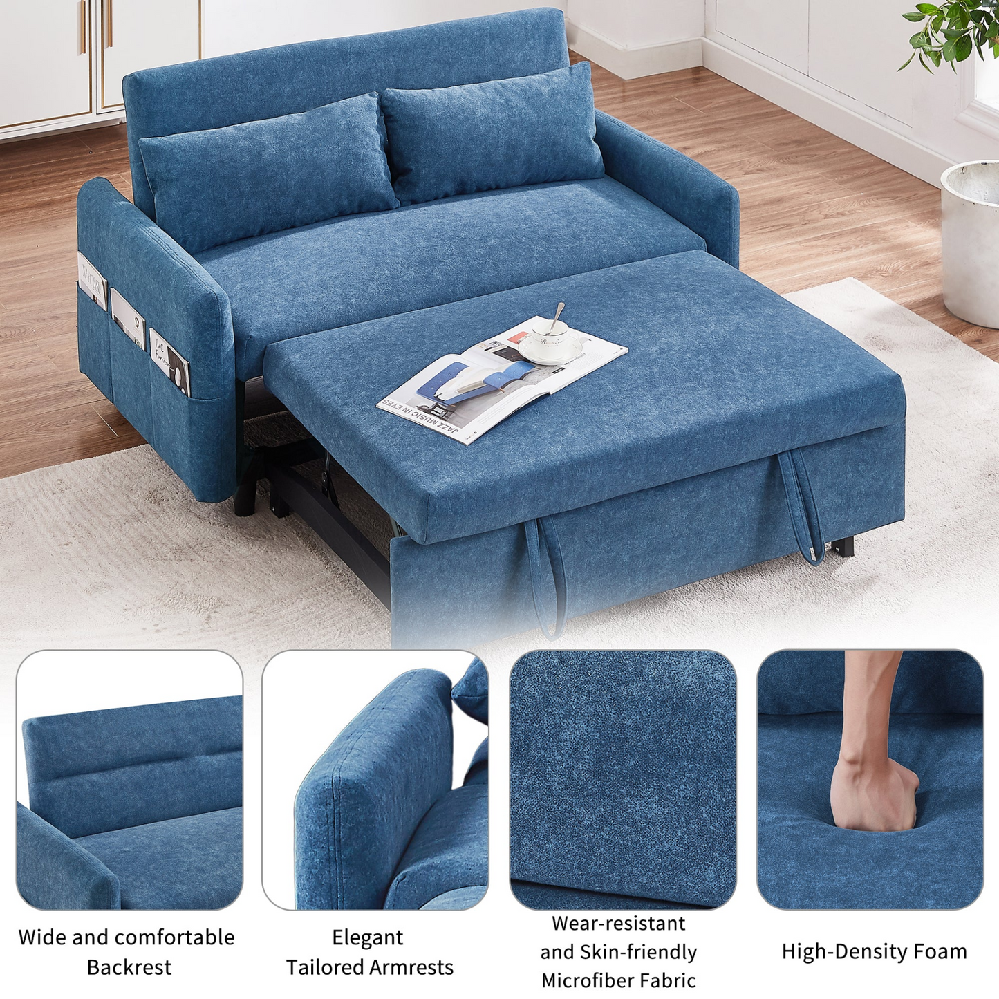 [product_type] | 55.1" Pull Out Sleep Sofa Bed Loveseats Sofa Couch with Adjsutable Backrest, Storage Pockets, 2 Soft Pillows, USB Ports for Living Room, Bedroom, Apartment, Office, Blue | casafoyer.myshopify.com