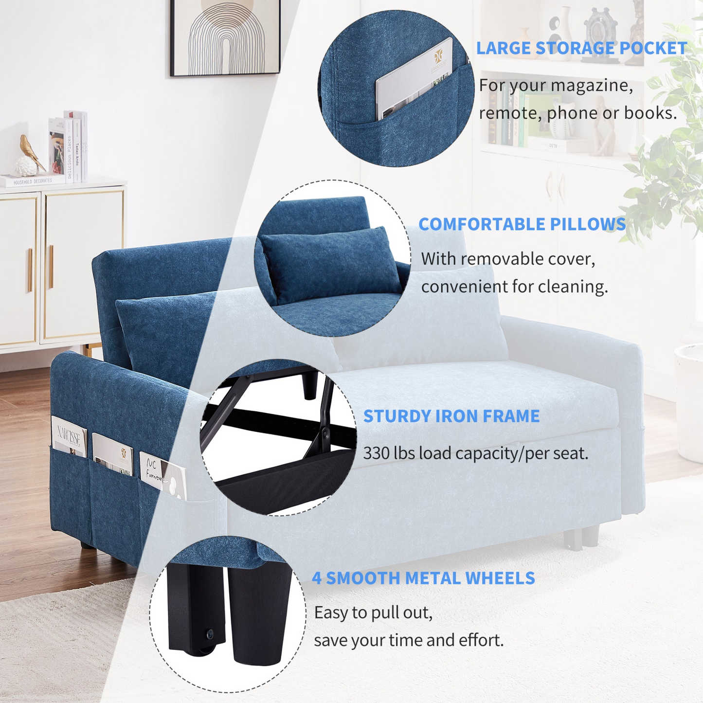 [product_type] | 55.1" Pull Out Sleep Sofa Bed Loveseats Sofa Couch with Adjsutable Backrest, Storage Pockets, 2 Soft Pillows, USB Ports for Living Room, Bedroom, Apartment, Office, Blue | casafoyer.myshopify.com