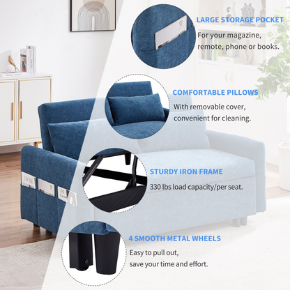 [product_type] | 55.1" Pull Out Sleep Sofa Bed Loveseats Sofa Couch with Adjsutable Backrest, Storage Pockets, 2 Soft Pillows, USB Ports for Living Room, Bedroom, Apartment, Office, Blue | casafoyer.myshopify.com