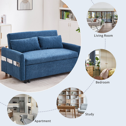 [product_type] | 55.1" Pull Out Sleep Sofa Bed Loveseats Sofa Couch with Adjsutable Backrest, Storage Pockets, 2 Soft Pillows, USB Ports for Living Room, Bedroom, Apartment, Office, Blue | casafoyer.myshopify.com