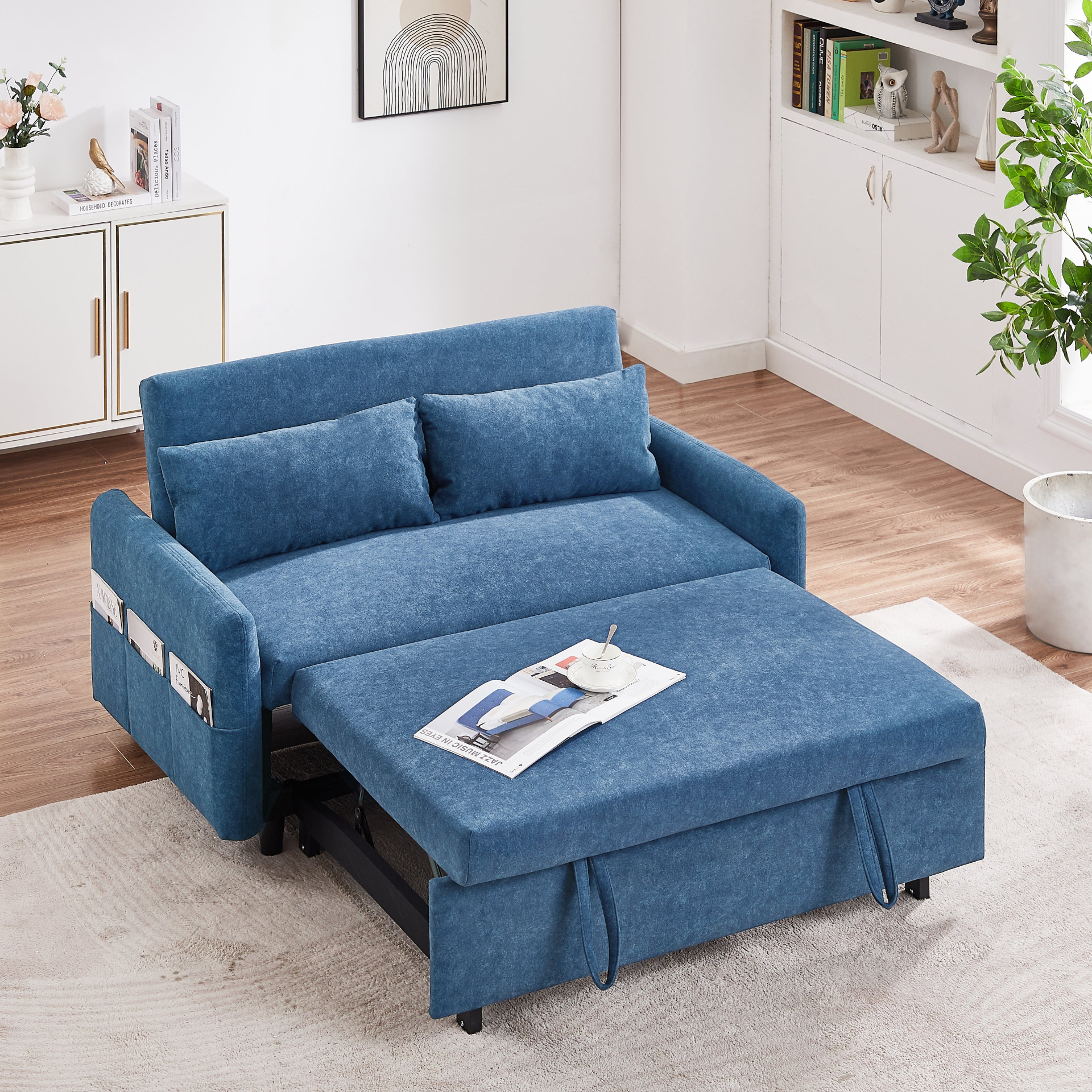 [product_type] | 55.1" Pull Out Sleep Sofa Bed Loveseats Sofa Couch with Adjsutable Backrest, Storage Pockets, 2 Soft Pillows, USB Ports for Living Room, Bedroom, Apartment, Office, Blue | casafoyer.myshopify.com