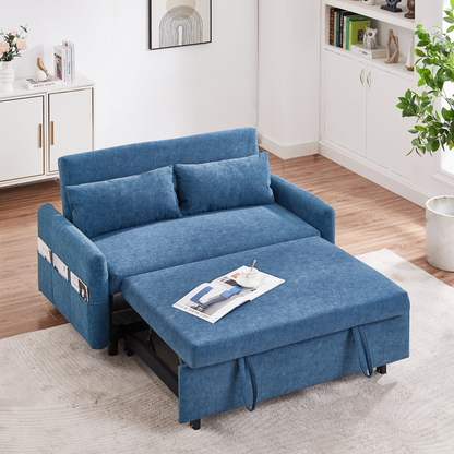 [product_type] | 55.1" Pull Out Sleep Sofa Bed Loveseats Sofa Couch with Adjsutable Backrest, Storage Pockets, 2 Soft Pillows, USB Ports for Living Room, Bedroom, Apartment, Office, Blue | casafoyer.myshopify.com