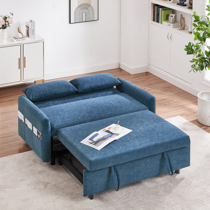 [product_type] | 55.1" Pull Out Sleep Sofa Bed Loveseats Sofa Couch with Adjsutable Backrest, Storage Pockets, 2 Soft Pillows, USB Ports for Living Room, Bedroom, Apartment, Office, Blue | casafoyer.myshopify.com