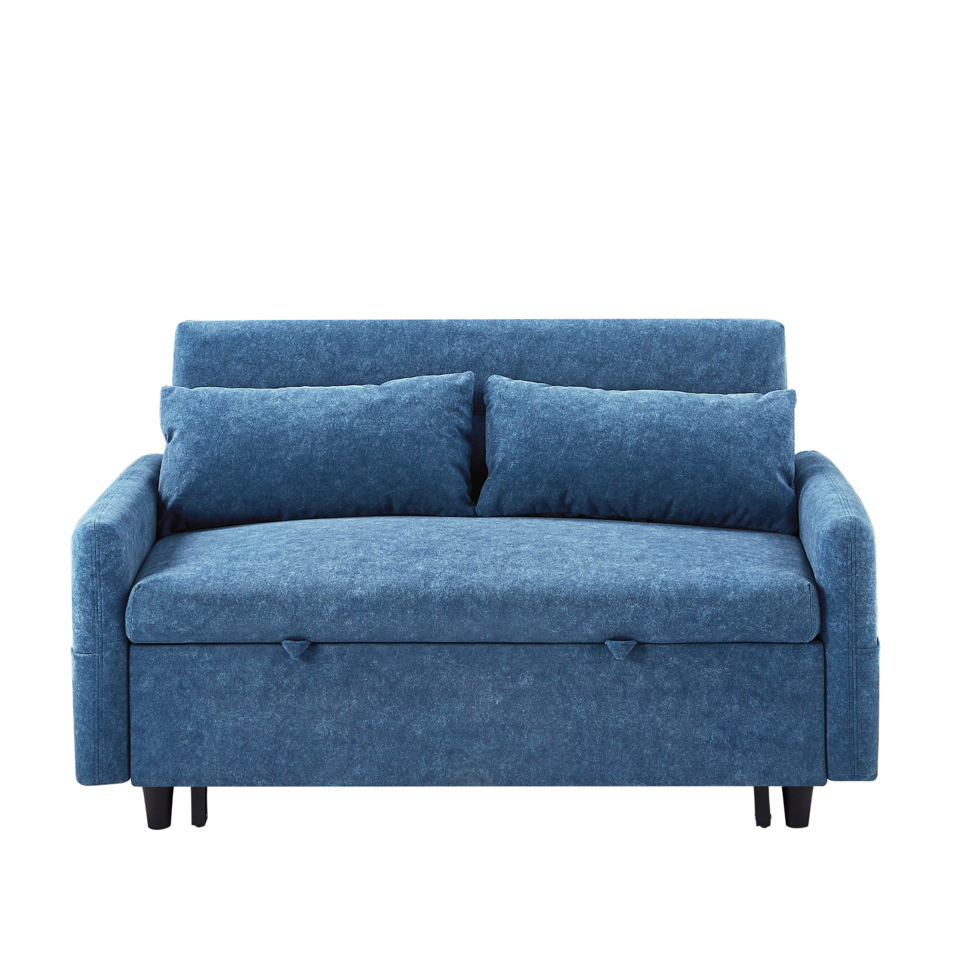 [product_type] | 55.1" Pull Out Sleep Sofa Bed Loveseats Sofa Couch with Adjsutable Backrest, Storage Pockets, 2 Soft Pillows, USB Ports for Living Room, Bedroom, Apartment, Office, Blue | casafoyer.myshopify.com