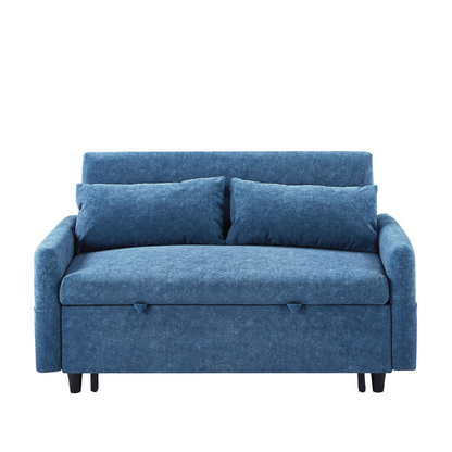 [product_type] | 55.1" Pull Out Sleep Sofa Bed Loveseats Sofa Couch with Adjsutable Backrest, Storage Pockets, 2 Soft Pillows, USB Ports for Living Room, Bedroom, Apartment, Office, Blue | casafoyer.myshopify.com