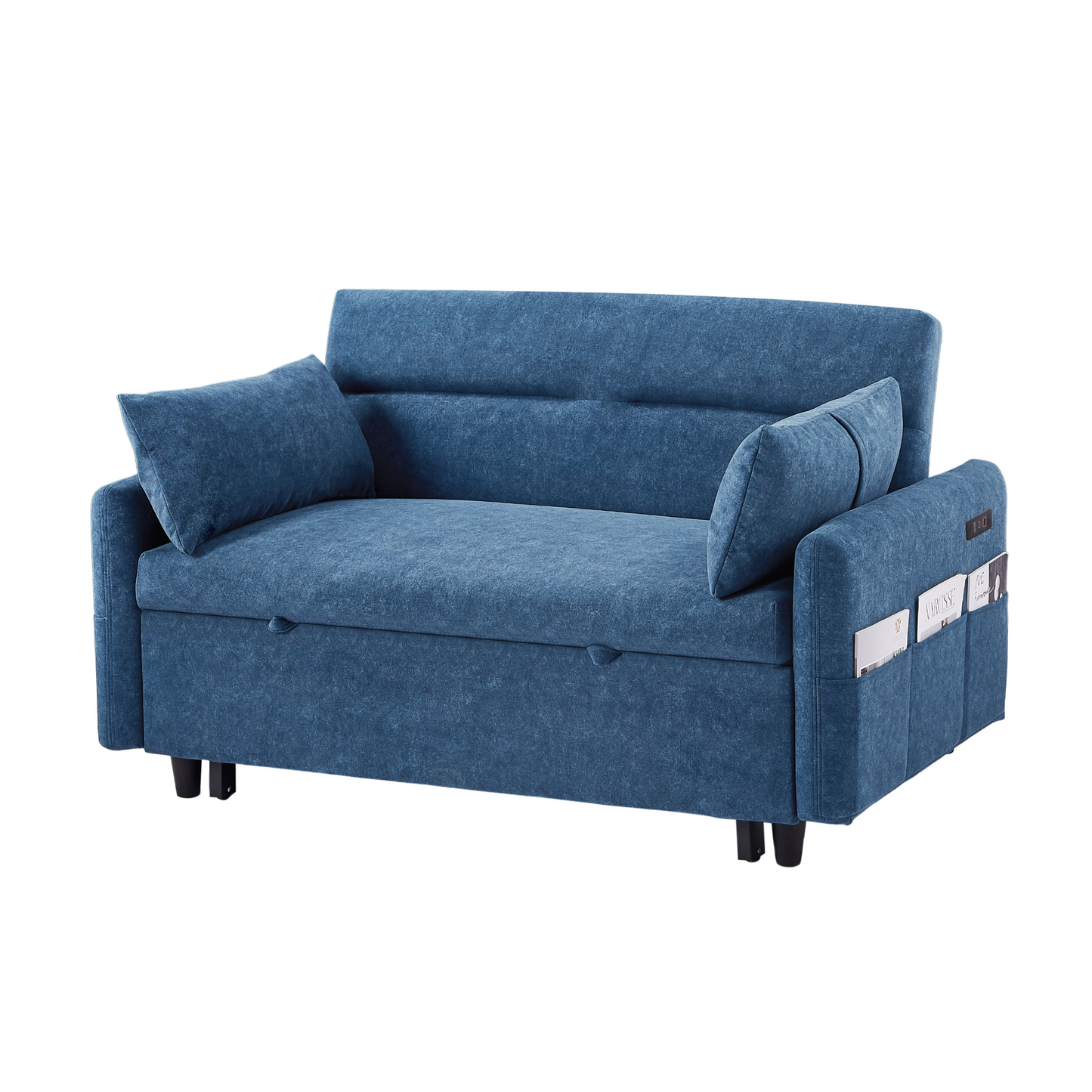 [product_type] | 55.1" Pull Out Sleep Sofa Bed Loveseats Sofa Couch with Adjsutable Backrest, Storage Pockets, 2 Soft Pillows, USB Ports for Living Room, Bedroom, Apartment, Office, Blue | casafoyer.myshopify.com