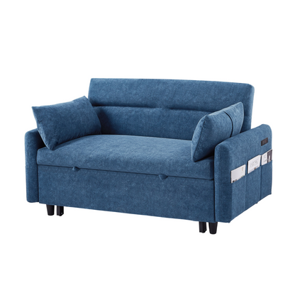[product_type] | 55.1" Pull Out Sleep Sofa Bed Loveseats Sofa Couch with Adjsutable Backrest, Storage Pockets, 2 Soft Pillows, USB Ports for Living Room, Bedroom, Apartment, Office, Blue | casafoyer.myshopify.com