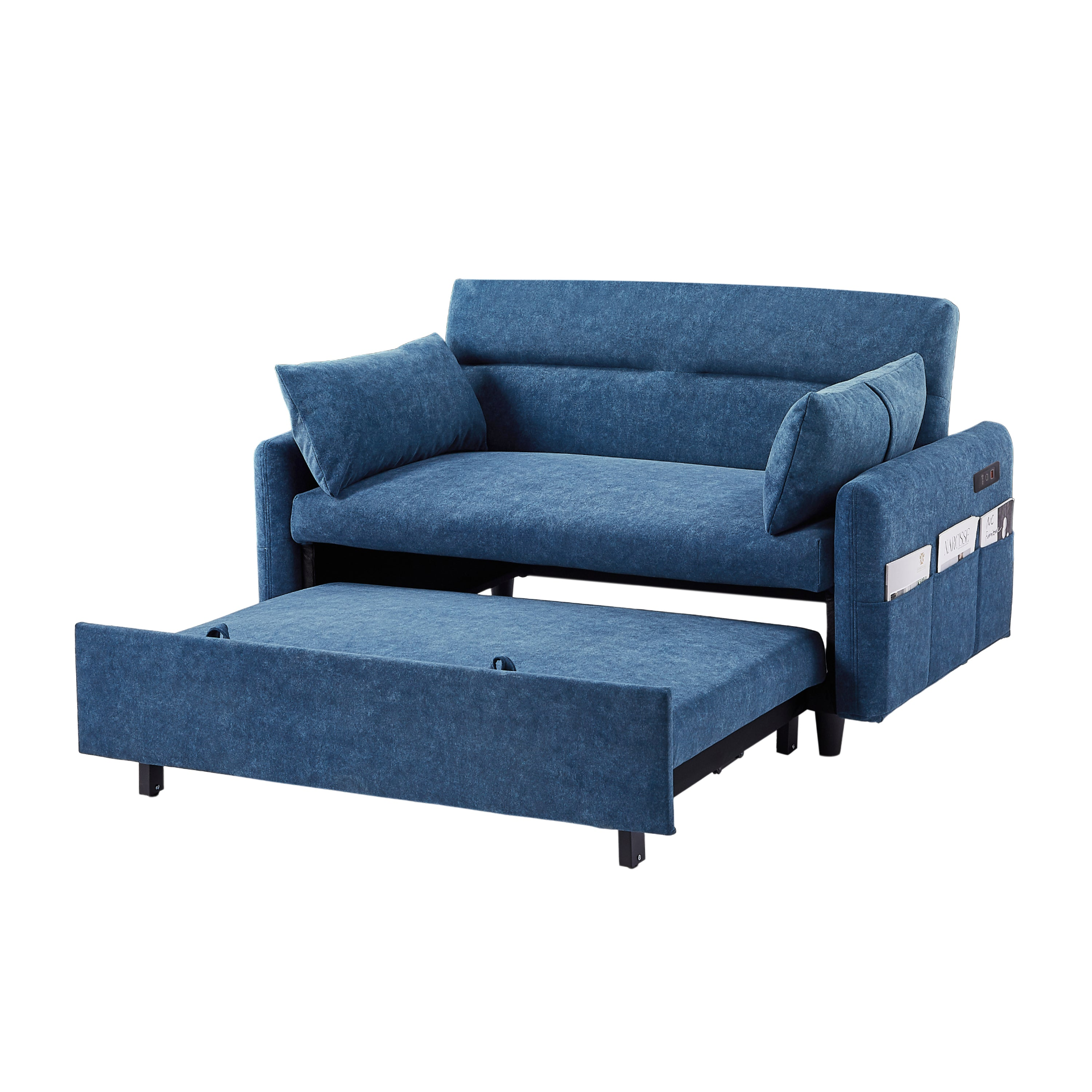 [product_type] | 55.1" Pull Out Sleep Sofa Bed Loveseats Sofa Couch with Adjsutable Backrest, Storage Pockets, 2 Soft Pillows, USB Ports for Living Room, Bedroom, Apartment, Office, Blue | casafoyer.myshopify.com