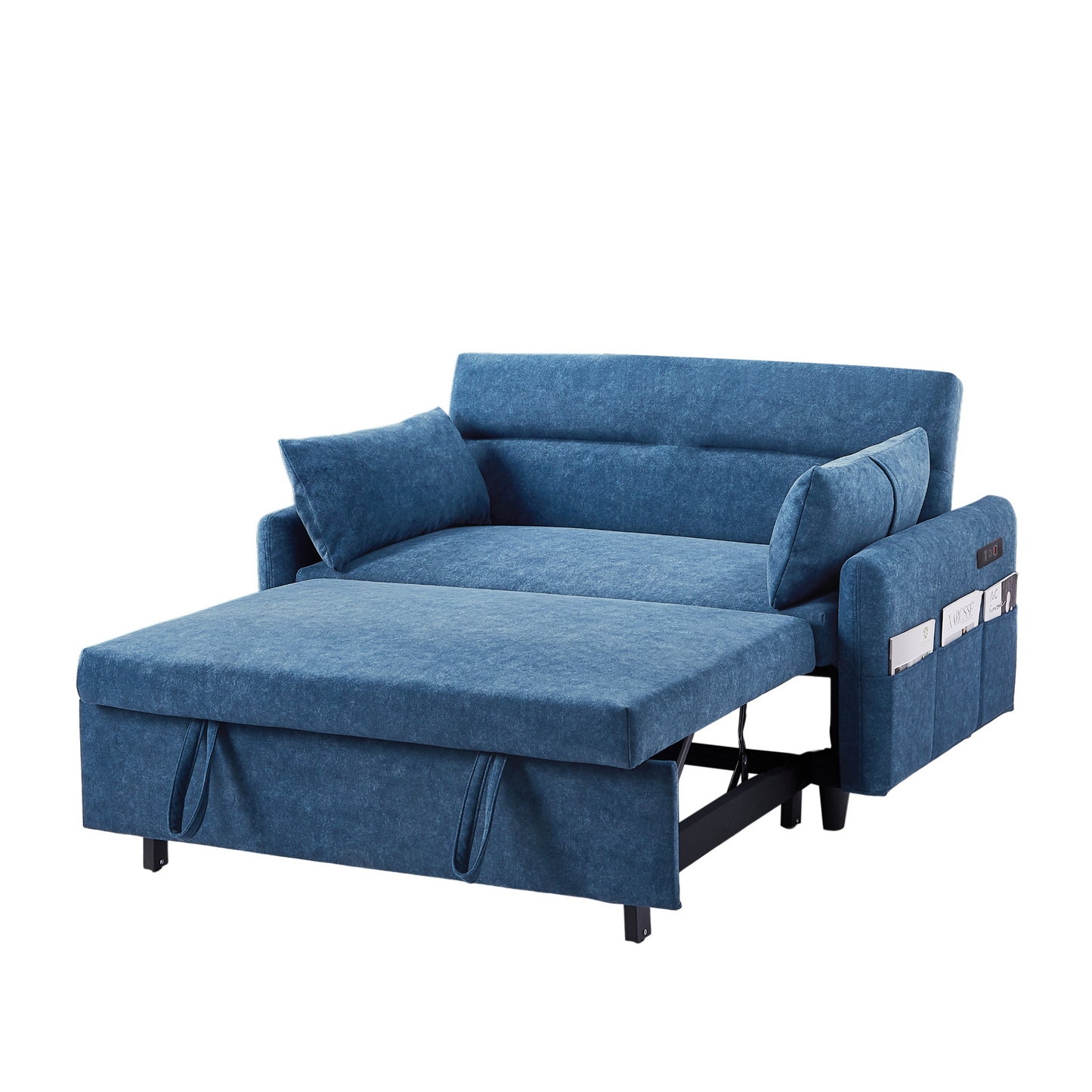 [product_type] | 55.1" Pull Out Sleep Sofa Bed Loveseats Sofa Couch with Adjsutable Backrest, Storage Pockets, 2 Soft Pillows, USB Ports for Living Room, Bedroom, Apartment, Office, Blue | casafoyer.myshopify.com