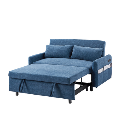 [product_type] | 55.1" Pull Out Sleep Sofa Bed Loveseats Sofa Couch with Adjsutable Backrest, Storage Pockets, 2 Soft Pillows, USB Ports for Living Room, Bedroom, Apartment, Office, Blue | casafoyer.myshopify.com