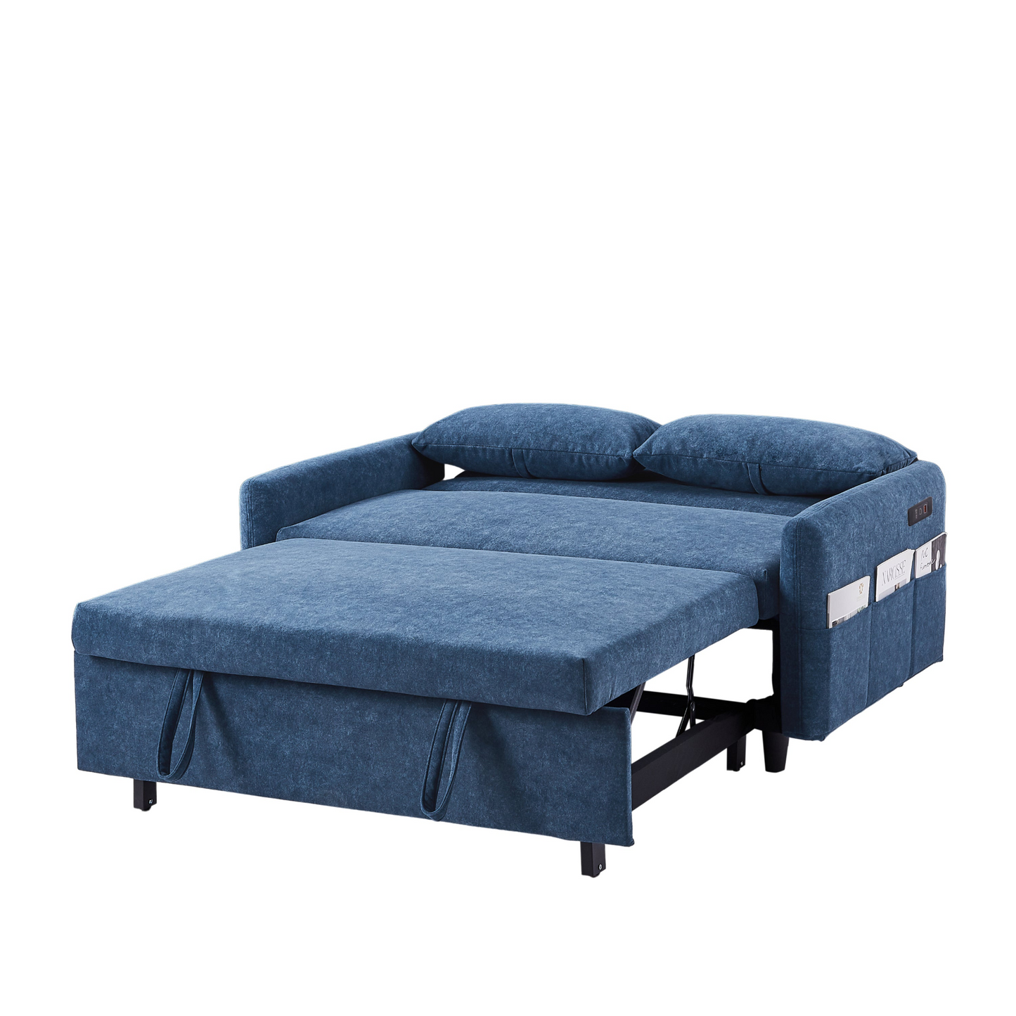 [product_type] | 55.1" Pull Out Sleep Sofa Bed Loveseats Sofa Couch with Adjsutable Backrest, Storage Pockets, 2 Soft Pillows, USB Ports for Living Room, Bedroom, Apartment, Office, Blue | casafoyer.myshopify.com