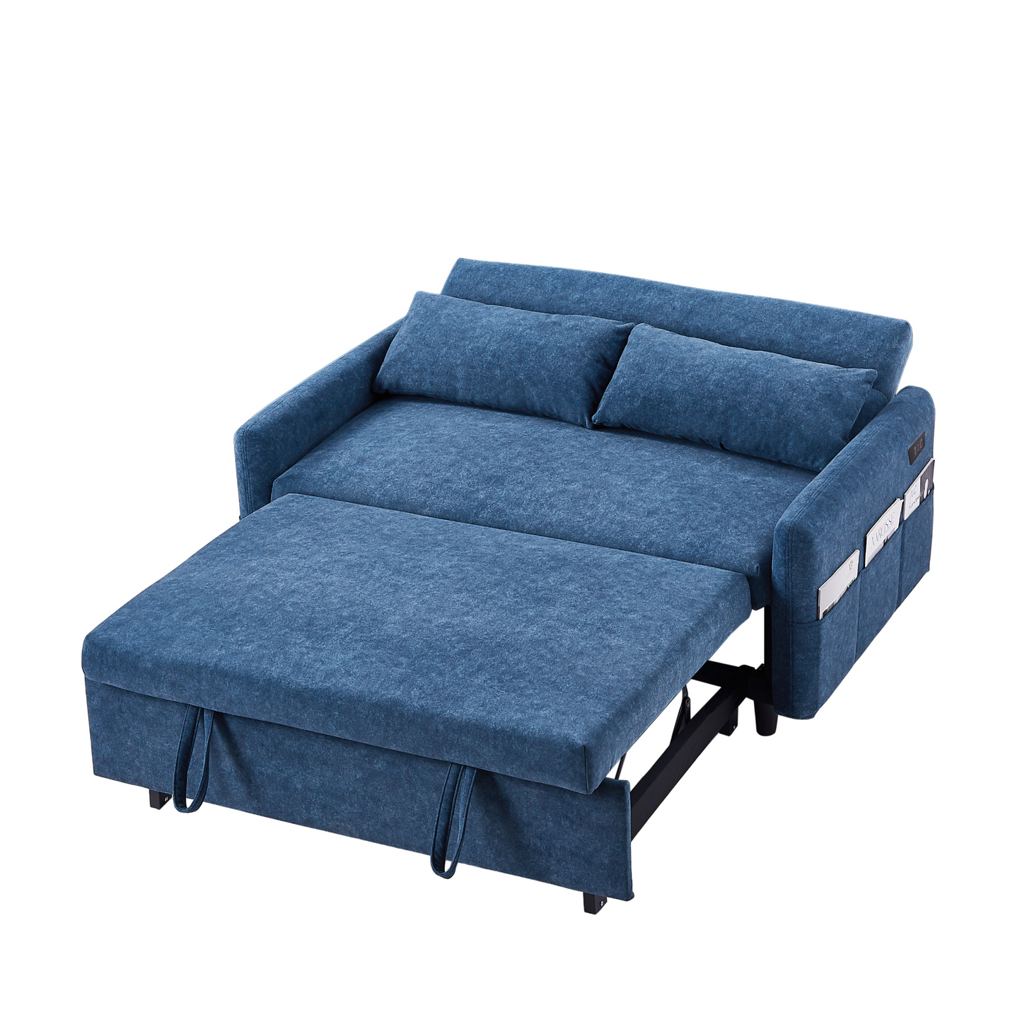 [product_type] | 55.1" Pull Out Sleep Sofa Bed Loveseats Sofa Couch with Adjsutable Backrest, Storage Pockets, 2 Soft Pillows, USB Ports for Living Room, Bedroom, Apartment, Office, Blue | casafoyer.myshopify.com