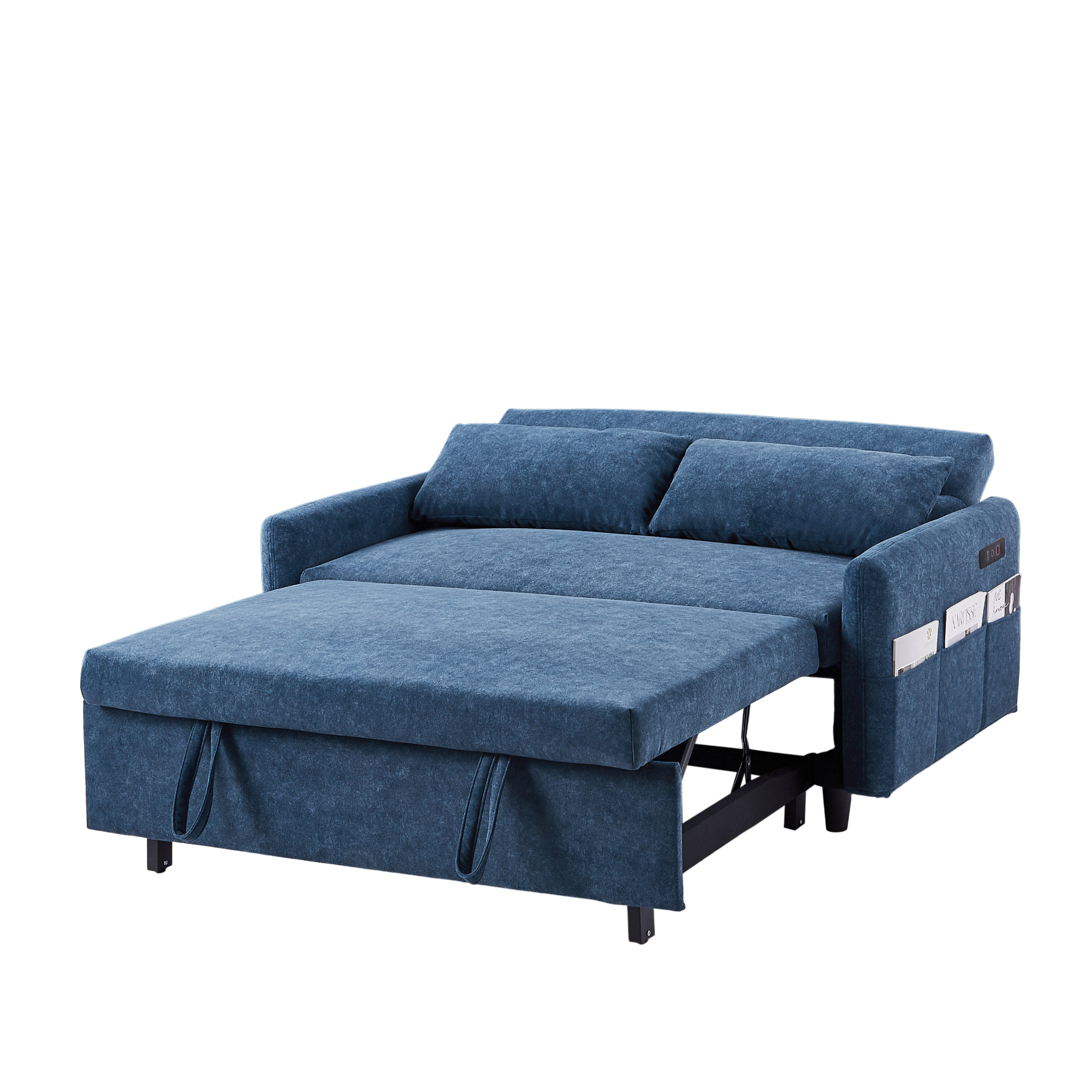 [product_type] | 55.1" Pull Out Sleep Sofa Bed Loveseats Sofa Couch with Adjsutable Backrest, Storage Pockets, 2 Soft Pillows, USB Ports for Living Room, Bedroom, Apartment, Office, Blue | casafoyer.myshopify.com