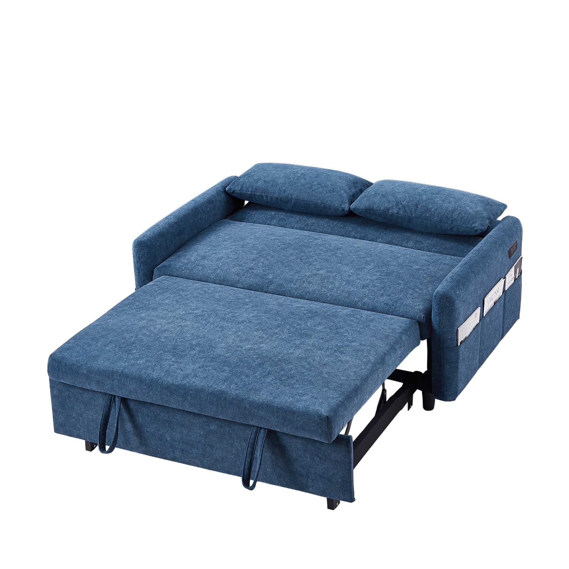 [product_type] | 55.1" Pull Out Sleep Sofa Bed Loveseats Sofa Couch with Adjsutable Backrest, Storage Pockets, 2 Soft Pillows, USB Ports for Living Room, Bedroom, Apartment, Office, Blue | casafoyer.myshopify.com