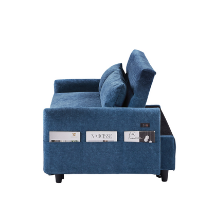 [product_type] | 55.1" Pull Out Sleep Sofa Bed Loveseats Sofa Couch with Adjsutable Backrest, Storage Pockets, 2 Soft Pillows, USB Ports for Living Room, Bedroom, Apartment, Office, Blue | casafoyer.myshopify.com