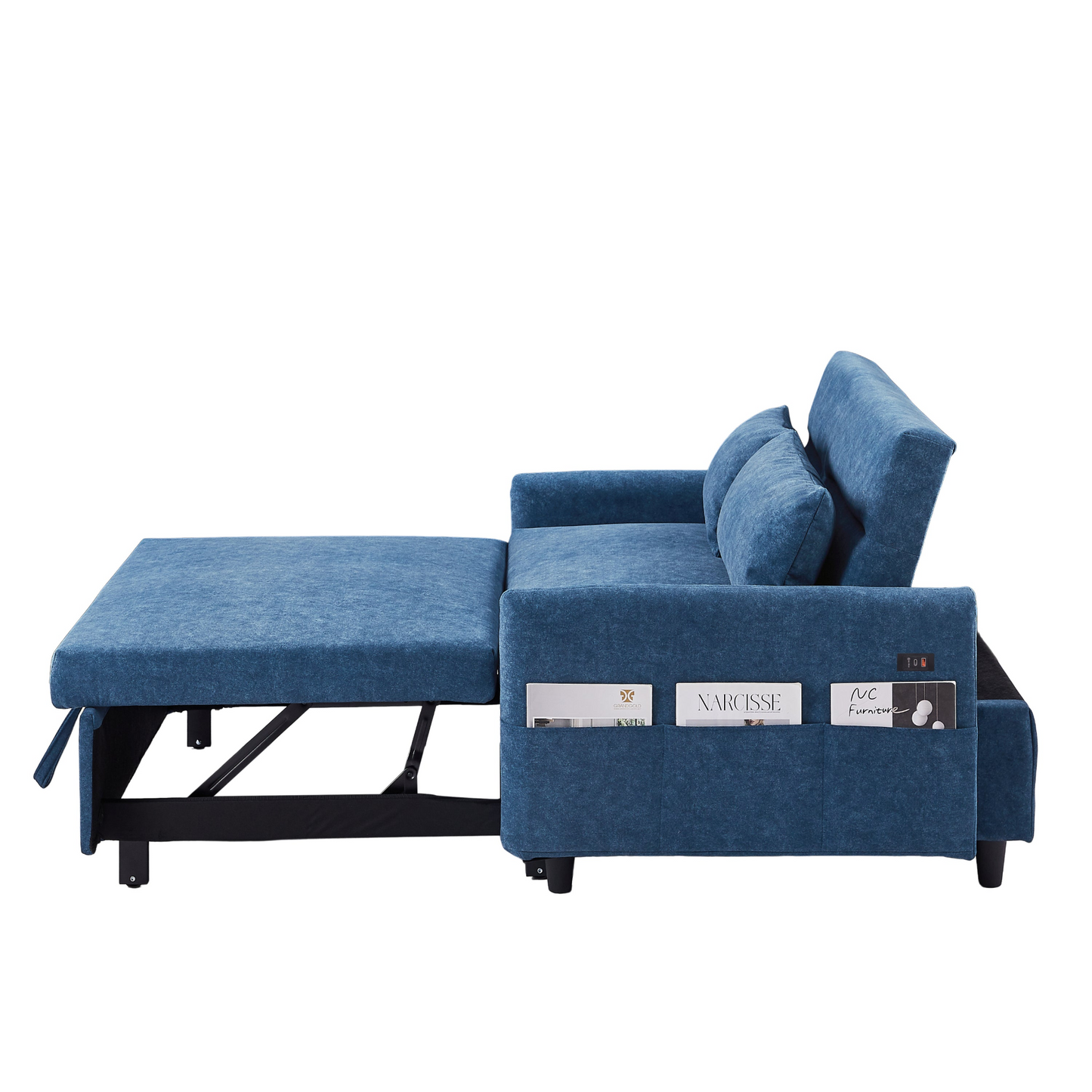[product_type] | 55.1" Pull Out Sleep Sofa Bed Loveseats Sofa Couch with Adjsutable Backrest, Storage Pockets, 2 Soft Pillows, USB Ports for Living Room, Bedroom, Apartment, Office, Blue | casafoyer.myshopify.com