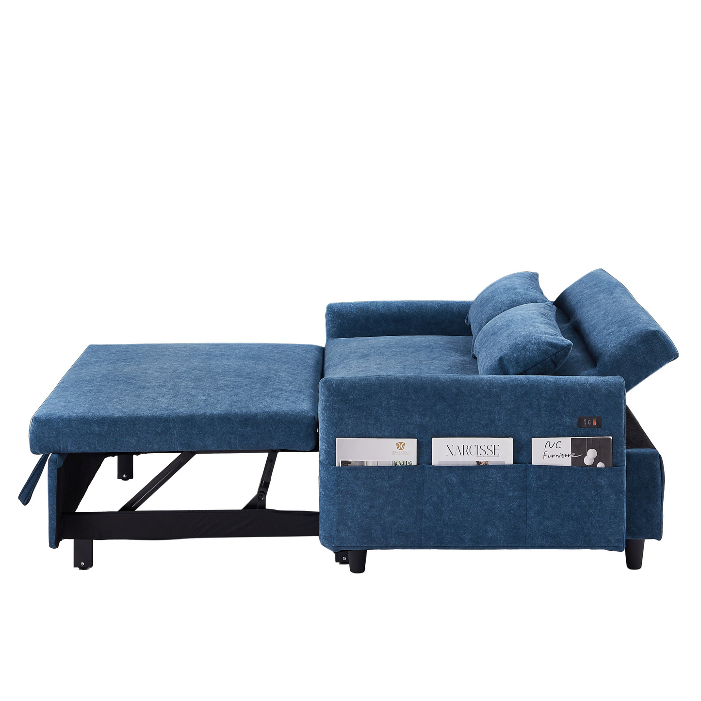 [product_type] | 55.1" Pull Out Sleep Sofa Bed Loveseats Sofa Couch with Adjsutable Backrest, Storage Pockets, 2 Soft Pillows, USB Ports for Living Room, Bedroom, Apartment, Office, Blue | casafoyer.myshopify.com