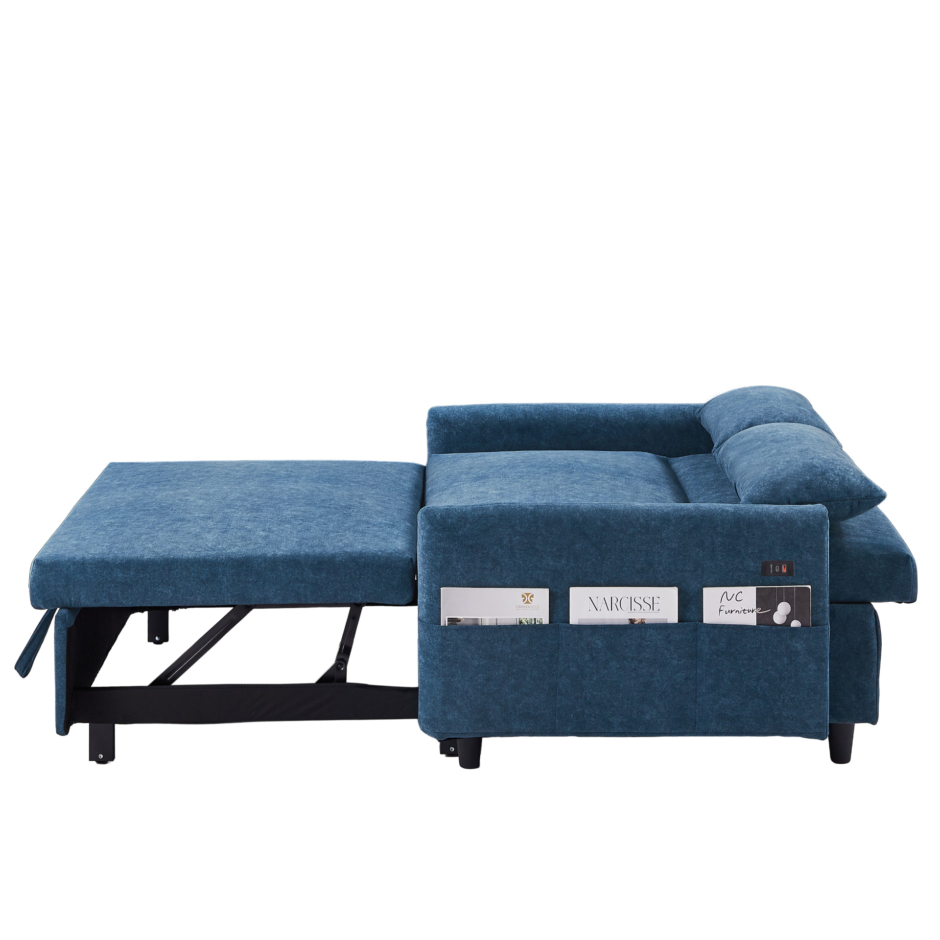 [product_type] | 55.1" Pull Out Sleep Sofa Bed Loveseats Sofa Couch with Adjsutable Backrest, Storage Pockets, 2 Soft Pillows, USB Ports for Living Room, Bedroom, Apartment, Office, Blue | casafoyer.myshopify.com