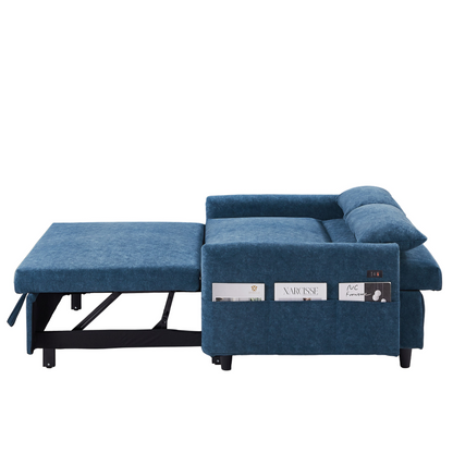 [product_type] | 55.1" Pull Out Sleep Sofa Bed Loveseats Sofa Couch with Adjsutable Backrest, Storage Pockets, 2 Soft Pillows, USB Ports for Living Room, Bedroom, Apartment, Office, Blue | casafoyer.myshopify.com