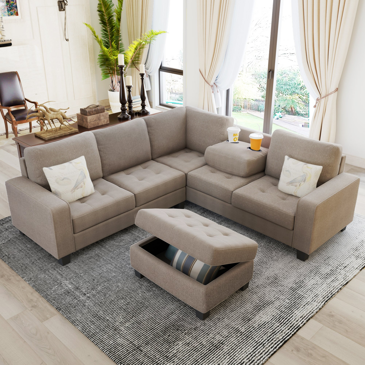 Sofa & Chair sets | Sectional Corner Sofa L-shape Couch Space Saving with Storage Ottoman & Cup Holders Design for Large Space Dorm Apartment | casafoyer.myshopify.com