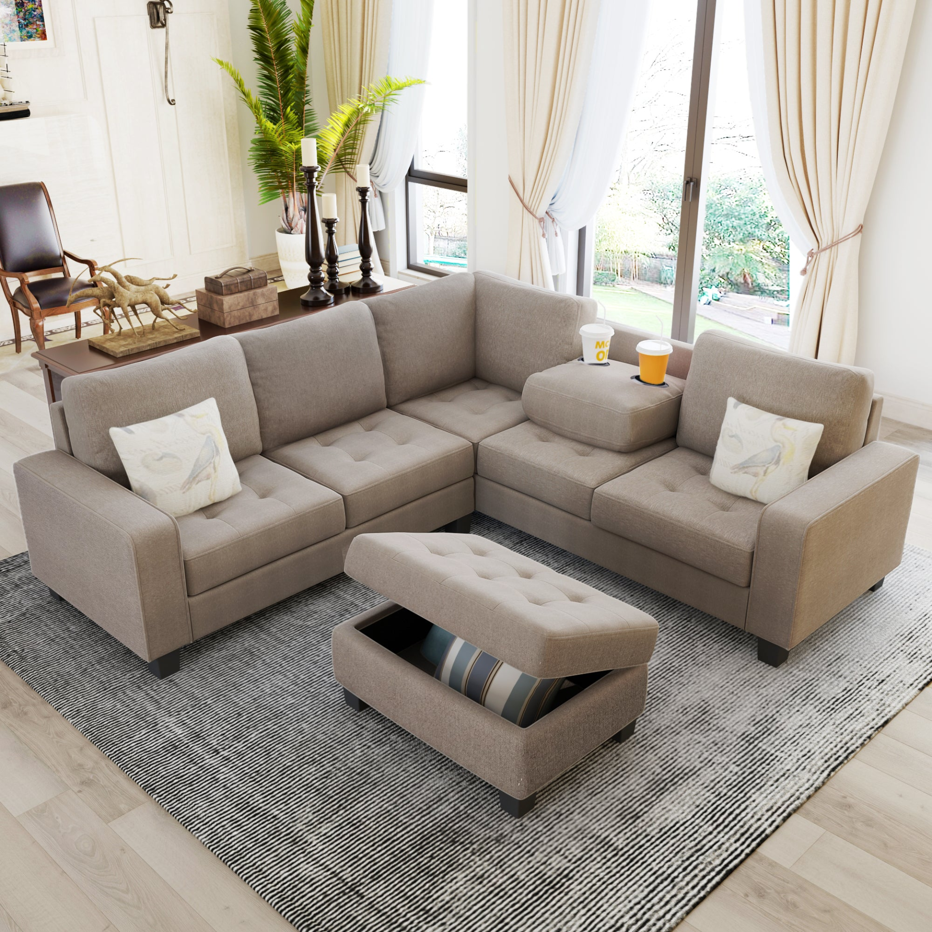 Sofa & Chair sets | Sectional Corner Sofa L-shape Couch Space Saving with Storage Ottoman & Cup Holders Design for Large Space Dorm Apartment | casafoyer.myshopify.com