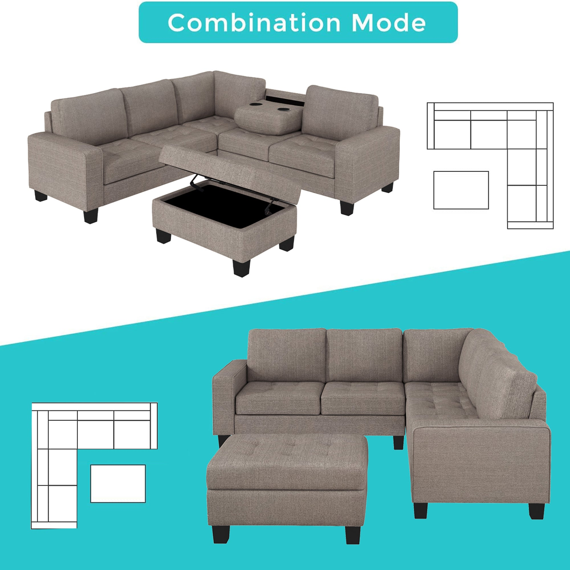 Sofa & Chair sets | Sectional Corner Sofa L-shape Couch Space Saving with Storage Ottoman & Cup Holders Design for Large Space Dorm Apartment | casafoyer.myshopify.com