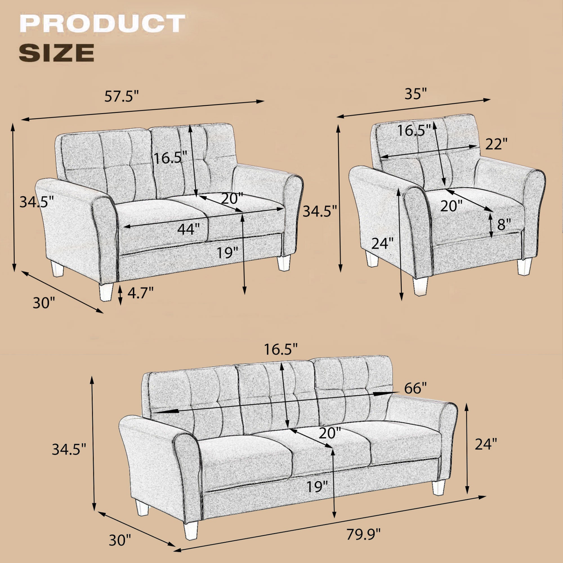 Sofa & Chair sets | Modern Living Room Sofa Set Linen Upholstered Couch Furniture for Home or Office ,Light Grey, 1+2+3-Seat | casafoyer.myshopify.com