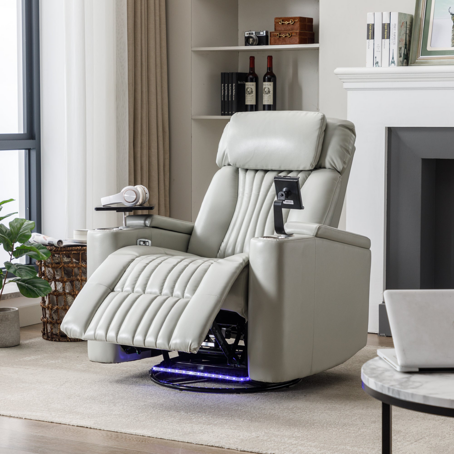 Sofa & Chair sets | 270 Degree Power Swivel Recliner,Home Theater Seating With Hidden Arm Storage and  LED Light Strip,Cup Holder,360? Swivel Tray Table,and Cell Phone Holder,Soft Living Room Chair,Grey | casafoyer.myshopify.com