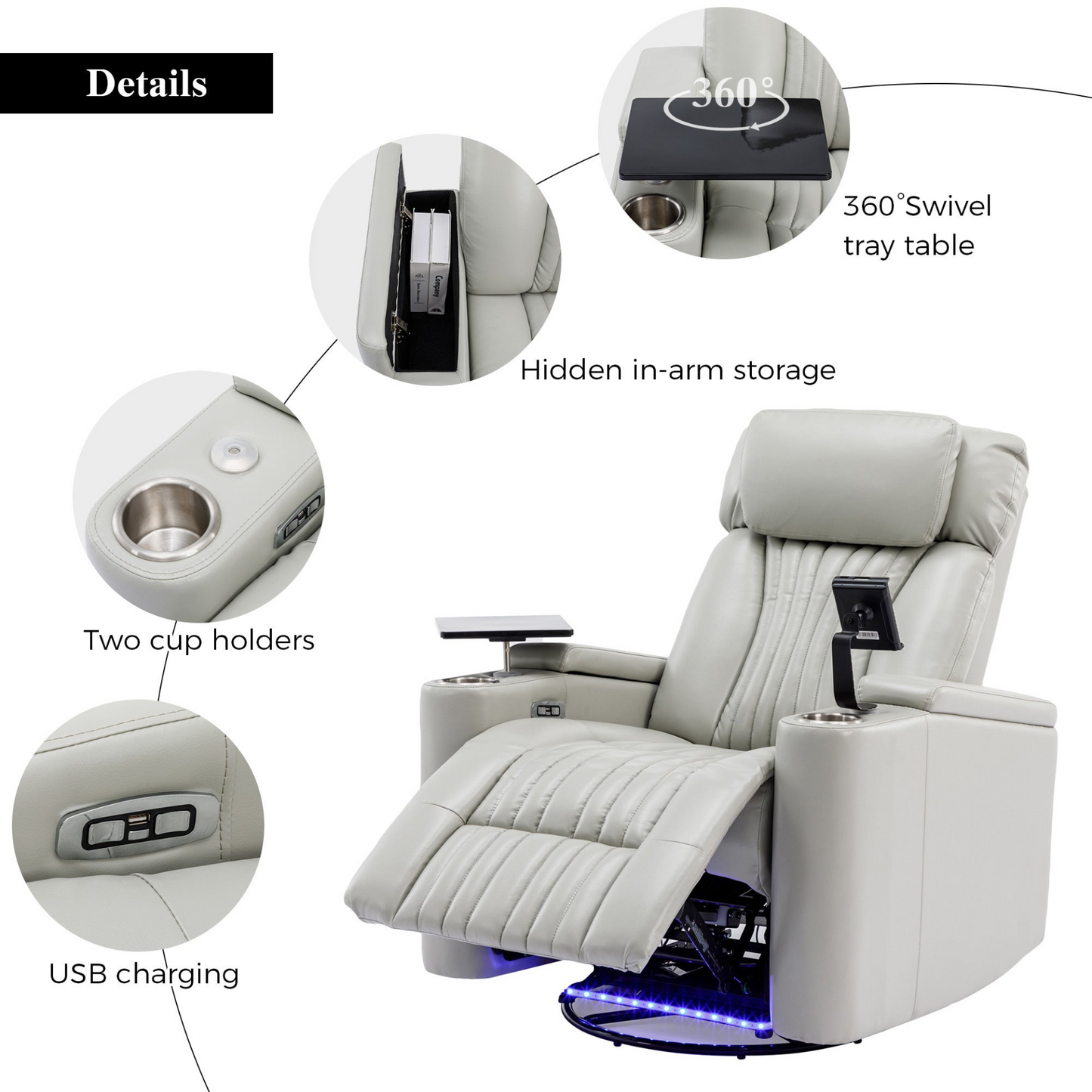 Sofa & Chair sets | 270 Degree Power Swivel Recliner,Home Theater Seating With Hidden Arm Storage and  LED Light Strip,Cup Holder,360? Swivel Tray Table,and Cell Phone Holder,Soft Living Room Chair,Grey | casafoyer.myshopify.com