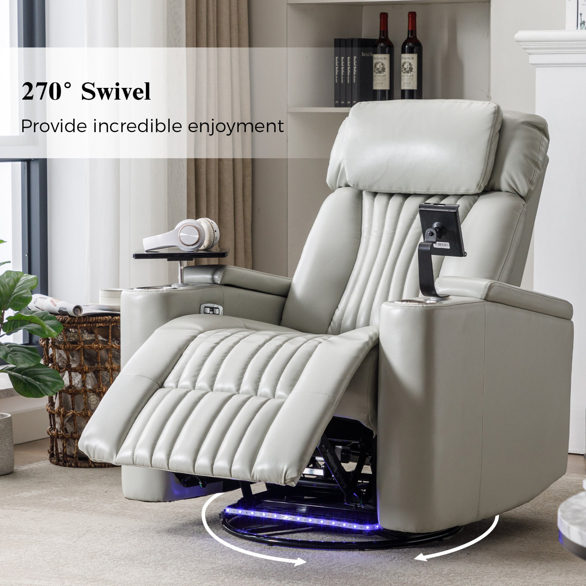 Sofa & Chair sets | 270 Degree Power Swivel Recliner,Home Theater Seating With Hidden Arm Storage and  LED Light Strip,Cup Holder,360? Swivel Tray Table,and Cell Phone Holder,Soft Living Room Chair,Grey | casafoyer.myshopify.com