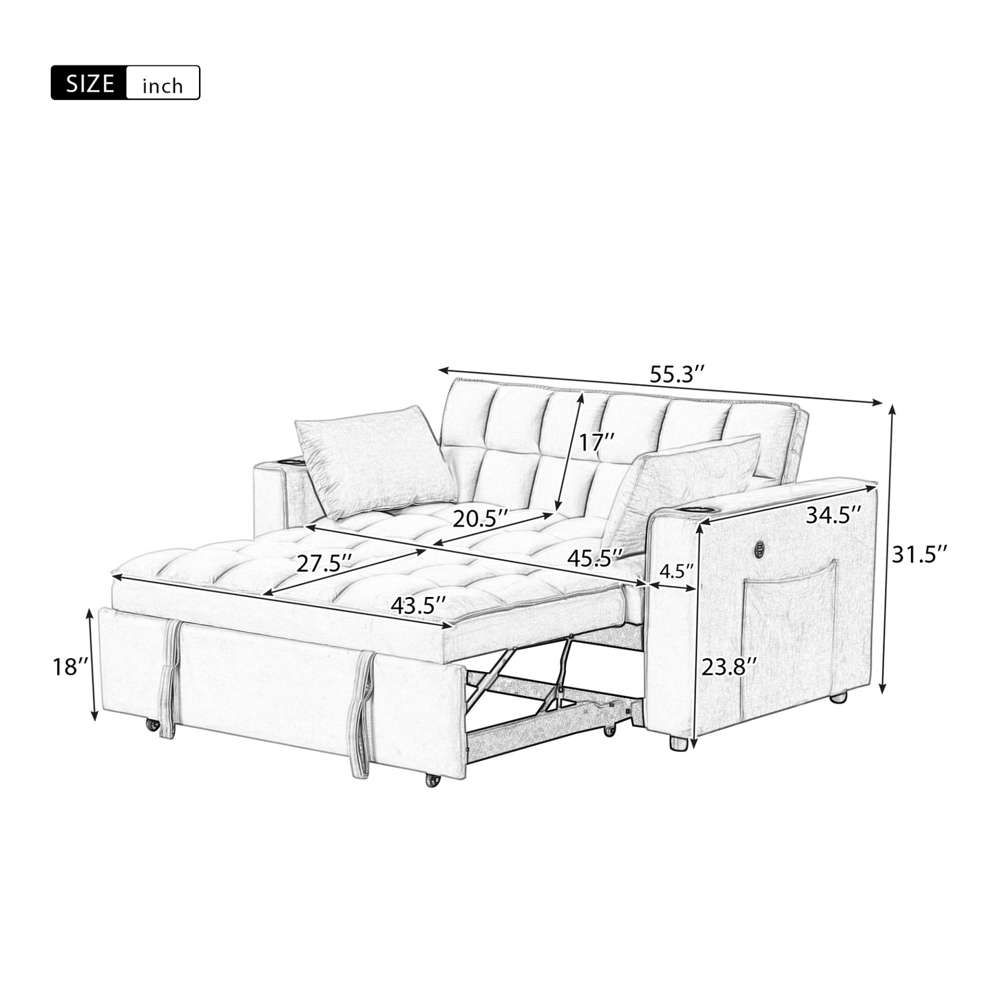 [product_type] | 55.3" 4-1 Multi-functional Sofa Bed with Cup Holder and USB Port - Milky White | casafoyer.myshopify.com