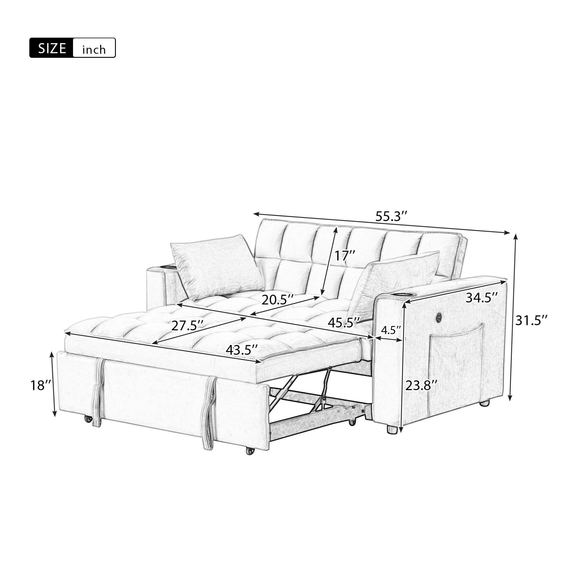 [product_type] | 55.3" 4-1 Multi-functional Sofa Bed with Cup Holder and USB Port - Milky White | casafoyer.myshopify.com