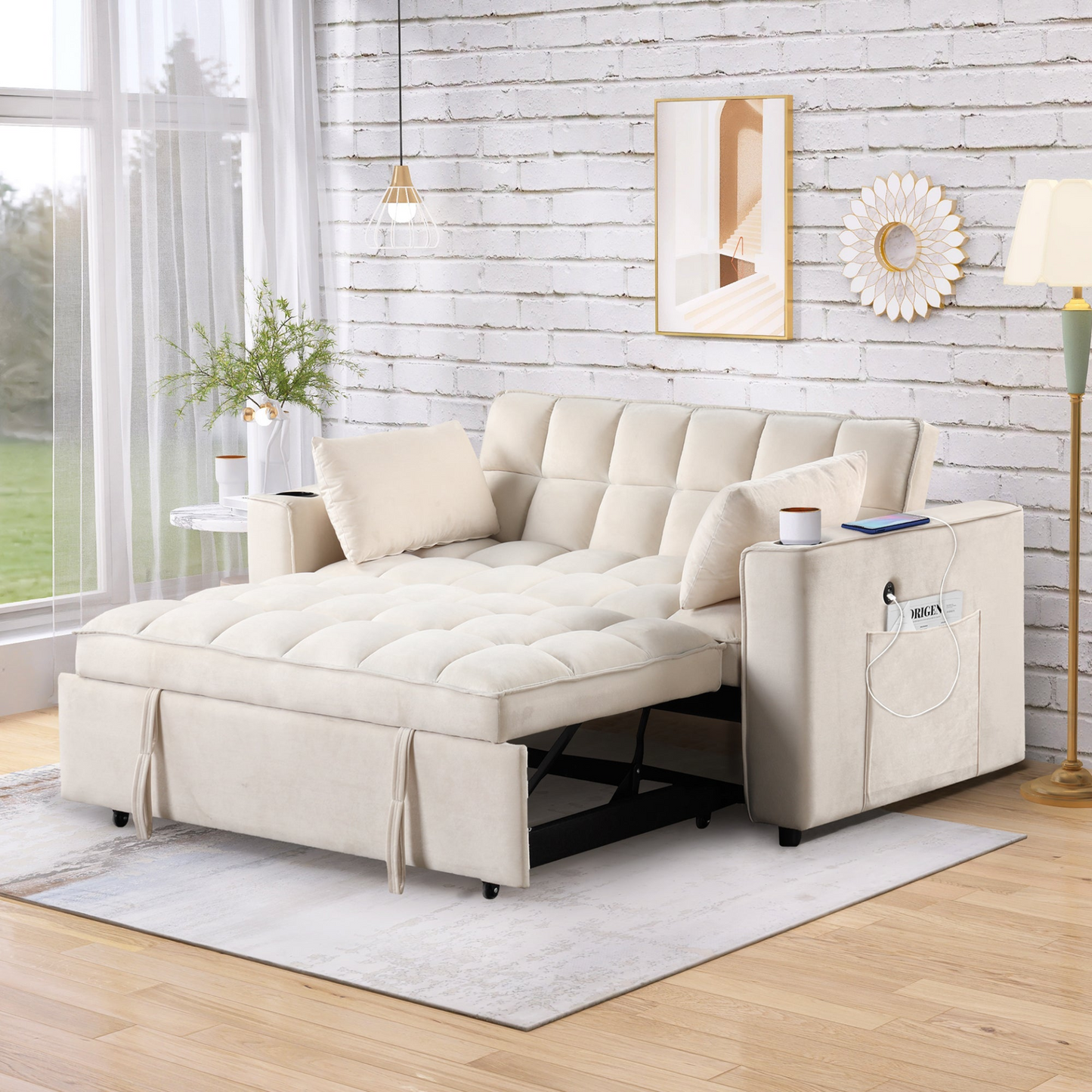 [product_type] | 55.3" 4-1 Multi-functional Sofa Bed with Cup Holder and USB Port - Milky White | casafoyer.myshopify.com