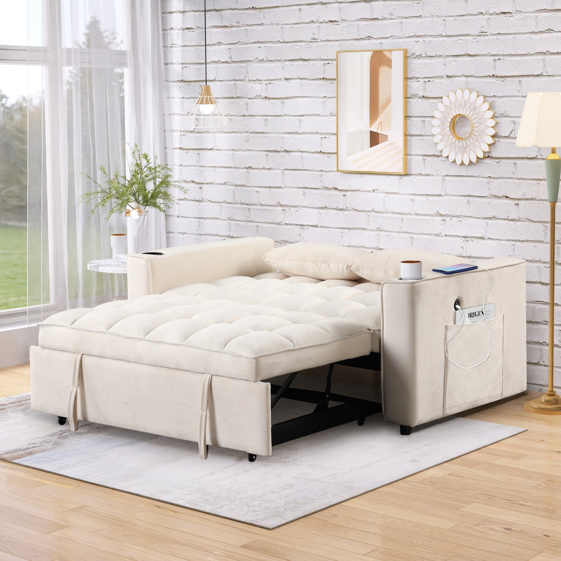 [product_type] | 55.3" 4-1 Multi-functional Sofa Bed with Cup Holder and USB Port - Milky White | casafoyer.myshopify.com