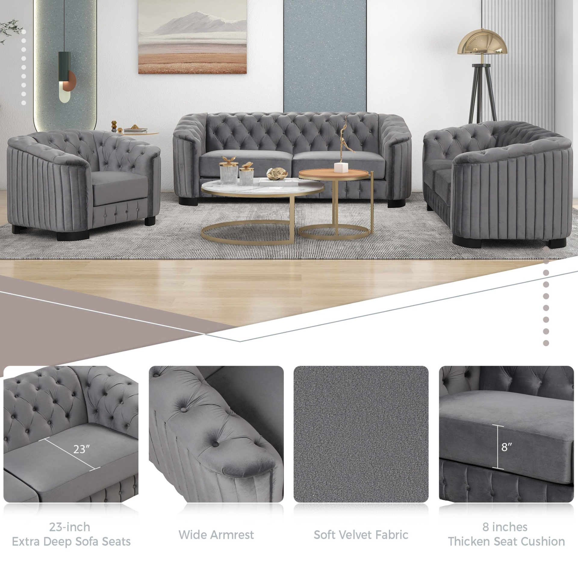 Sofa & Chair sets | Velvet Upholstered Loveseat Sofa,Modern Loveseat Sofa with Thick Removable Seat Cushion,2-Person Loveseat Sofa Couch for Living Room,Bedroom,or Small Space,Gray | casafoyer.myshopify.com