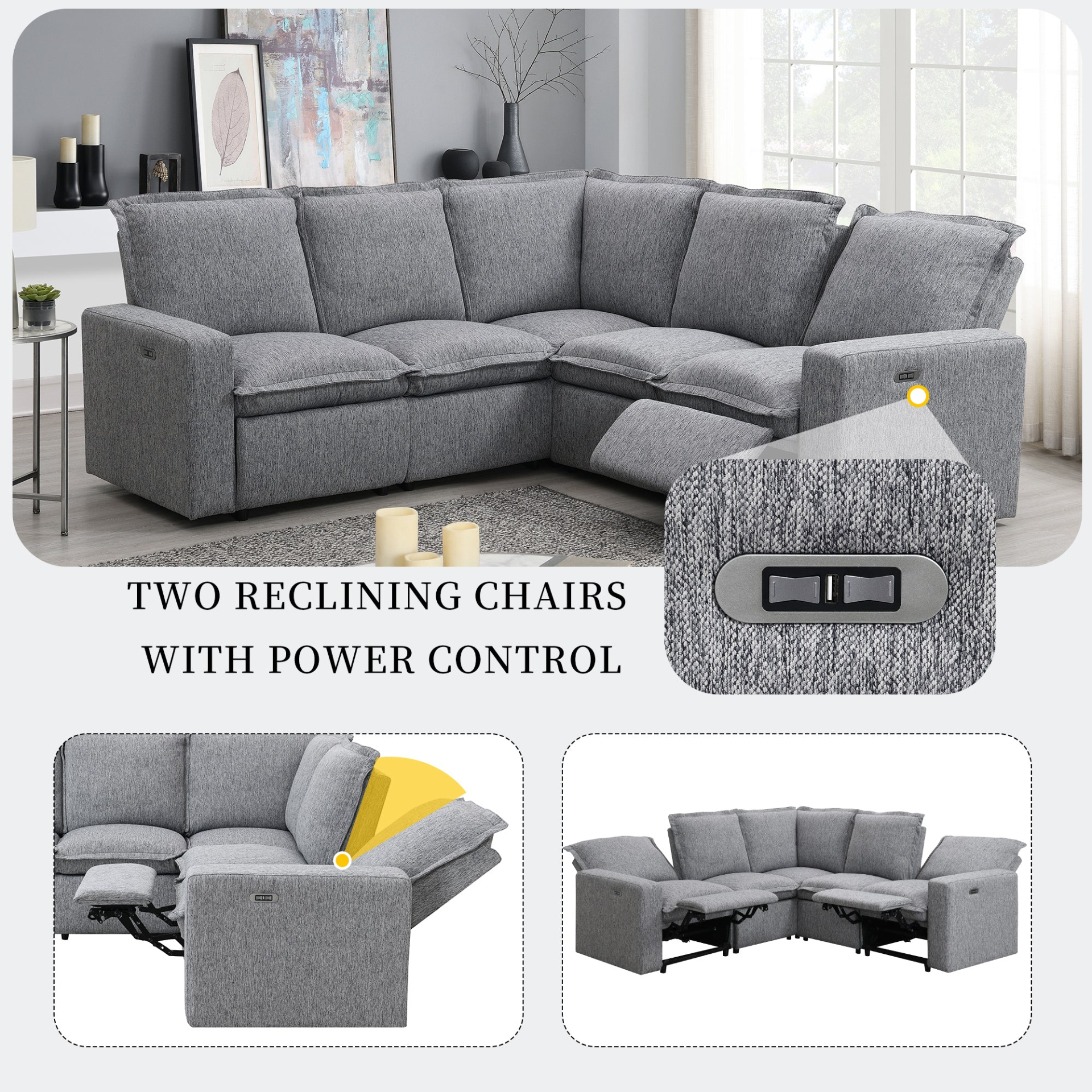 Sofa & Chair sets | Power Recliner Chair Home Theater Seating Soft Chair with USB Port for Living Room, Bedroom, Theater room, Grey | casafoyer.myshopify.com