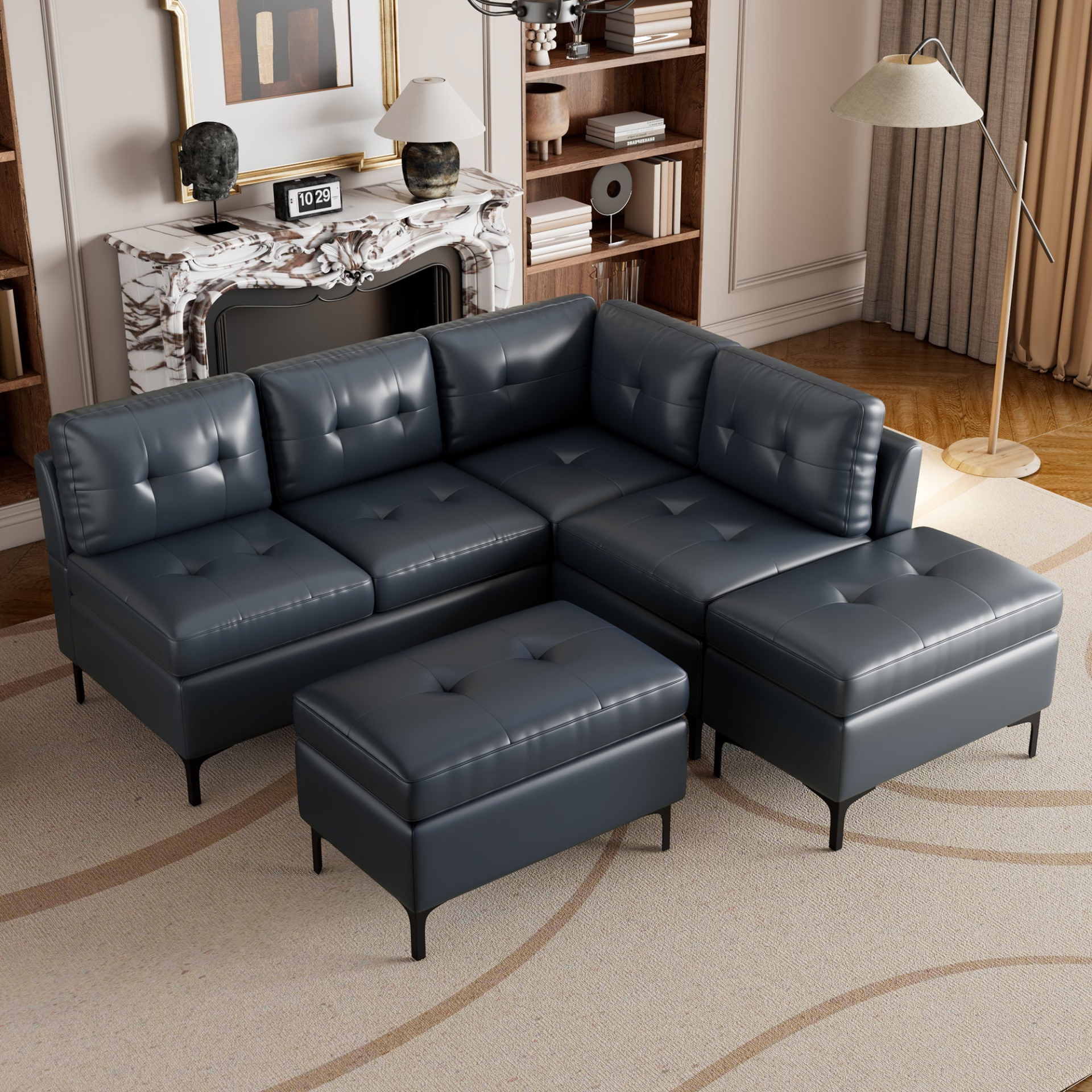 [product_type] | 94.88" L-Shaped Corner Sofa Pu Leather Sectional Sofa Couch with Movable Storage Ottomans for Living Room, Blue | casafoyer.myshopify.com