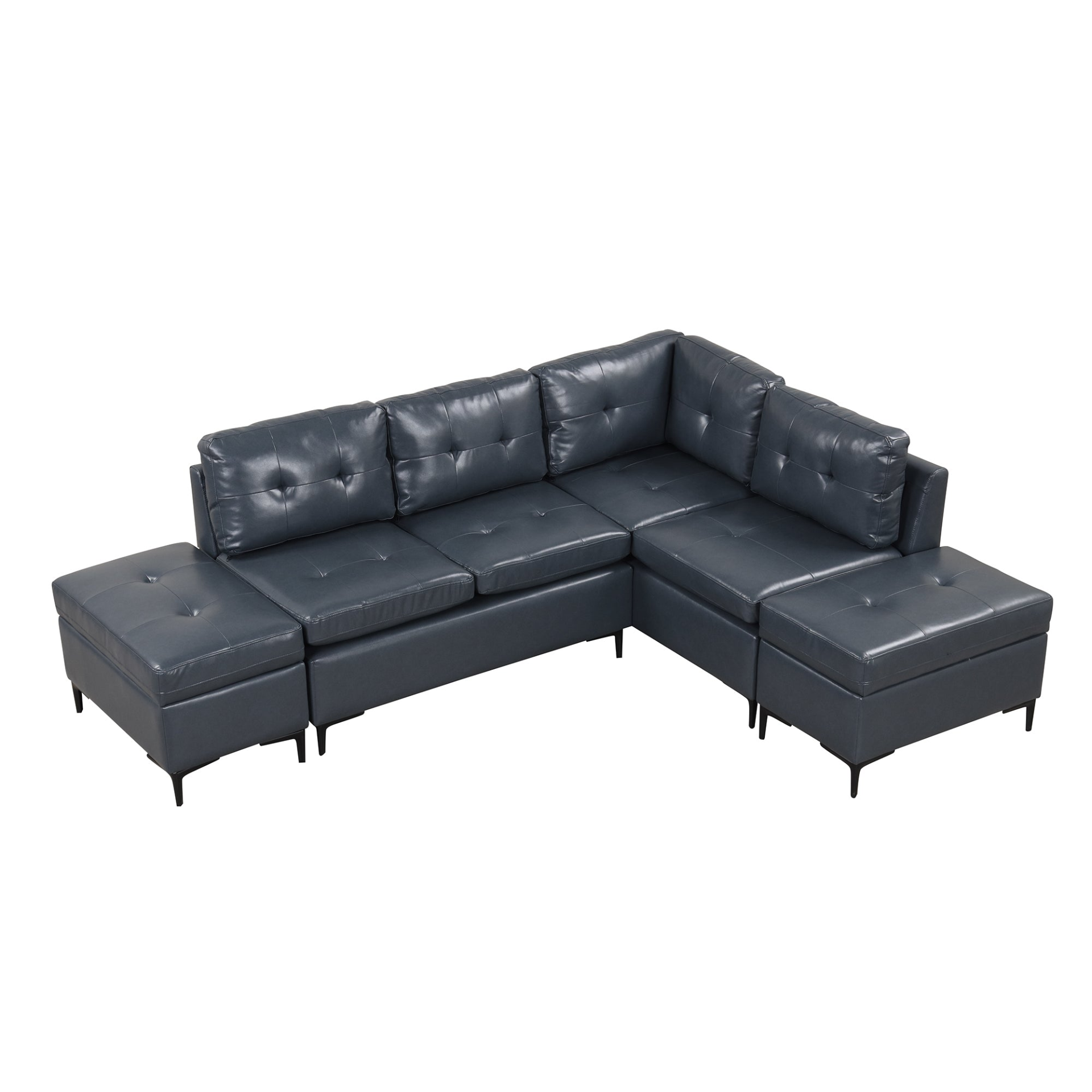 [product_type] | 94.88" L-Shaped Corner Sofa Pu Leather Sectional Sofa Couch with Movable Storage Ottomans for Living Room, Blue | casafoyer.myshopify.com