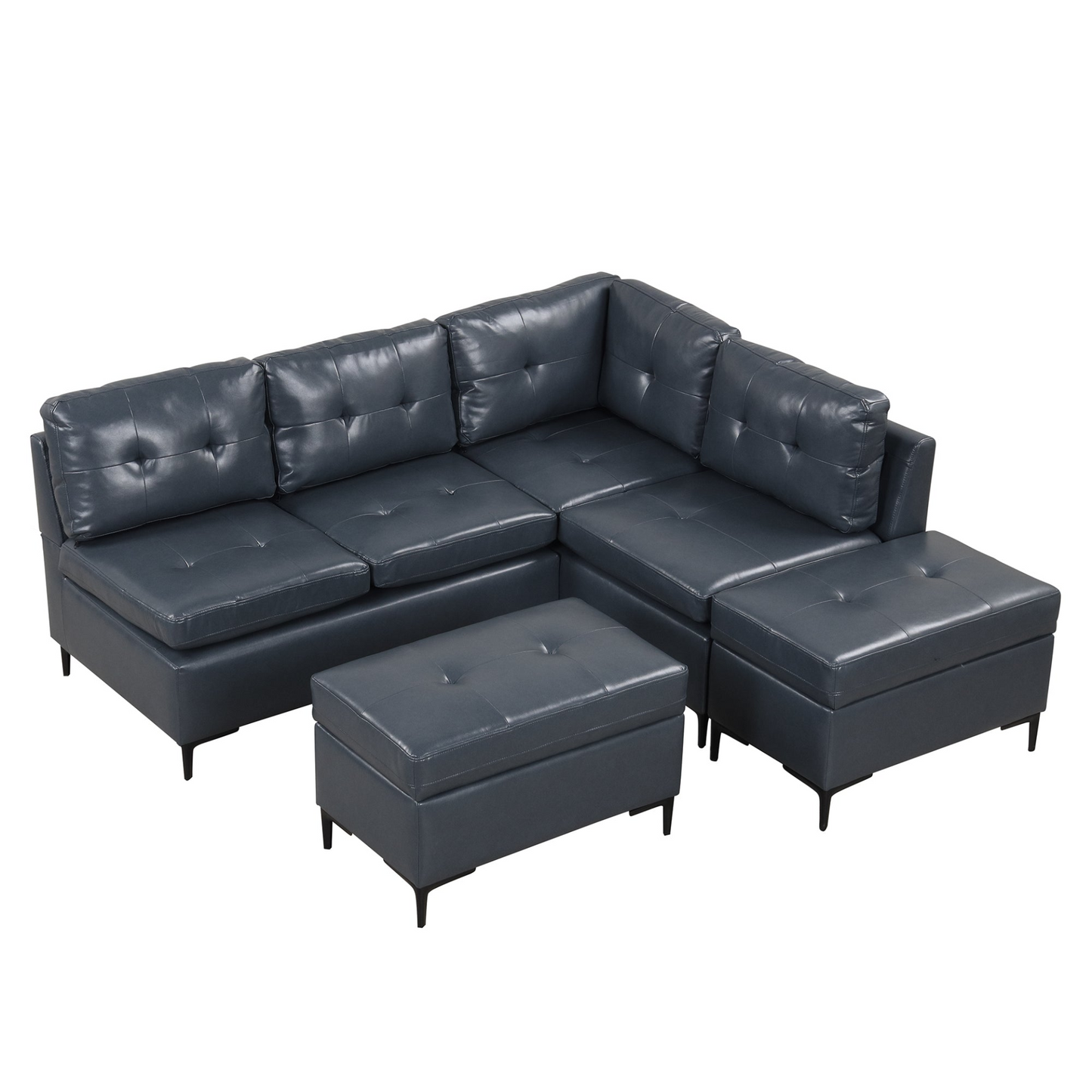 [product_type] | 94.88" L-Shaped Corner Sofa Pu Leather Sectional Sofa Couch with Movable Storage Ottomans for Living Room, Blue | casafoyer.myshopify.com